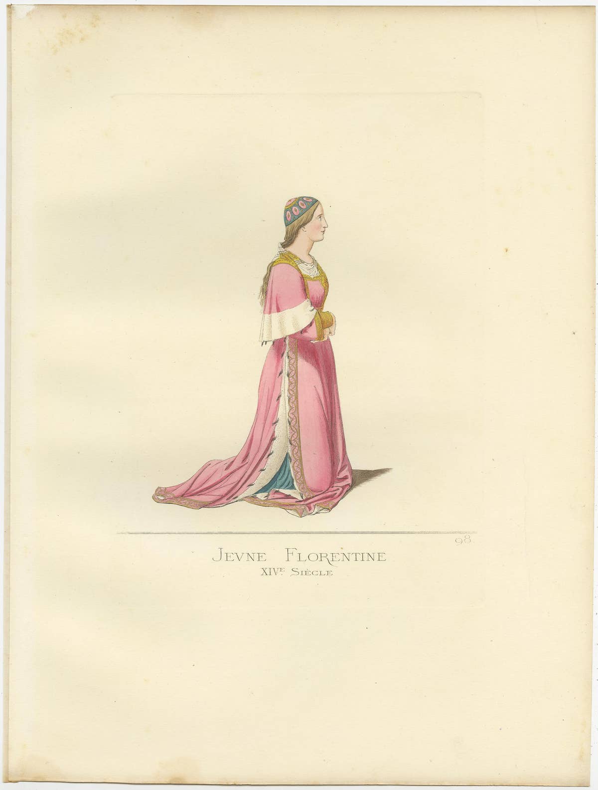 Antique Print of a Young Florentine Woman, Italy, 14th Century, by Bonnard, 1860