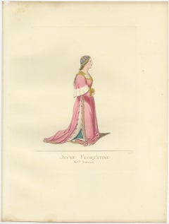 Stampa antica di una giovane donna fiorentina, Italia, XIV secolo, di Bonnard, 1860