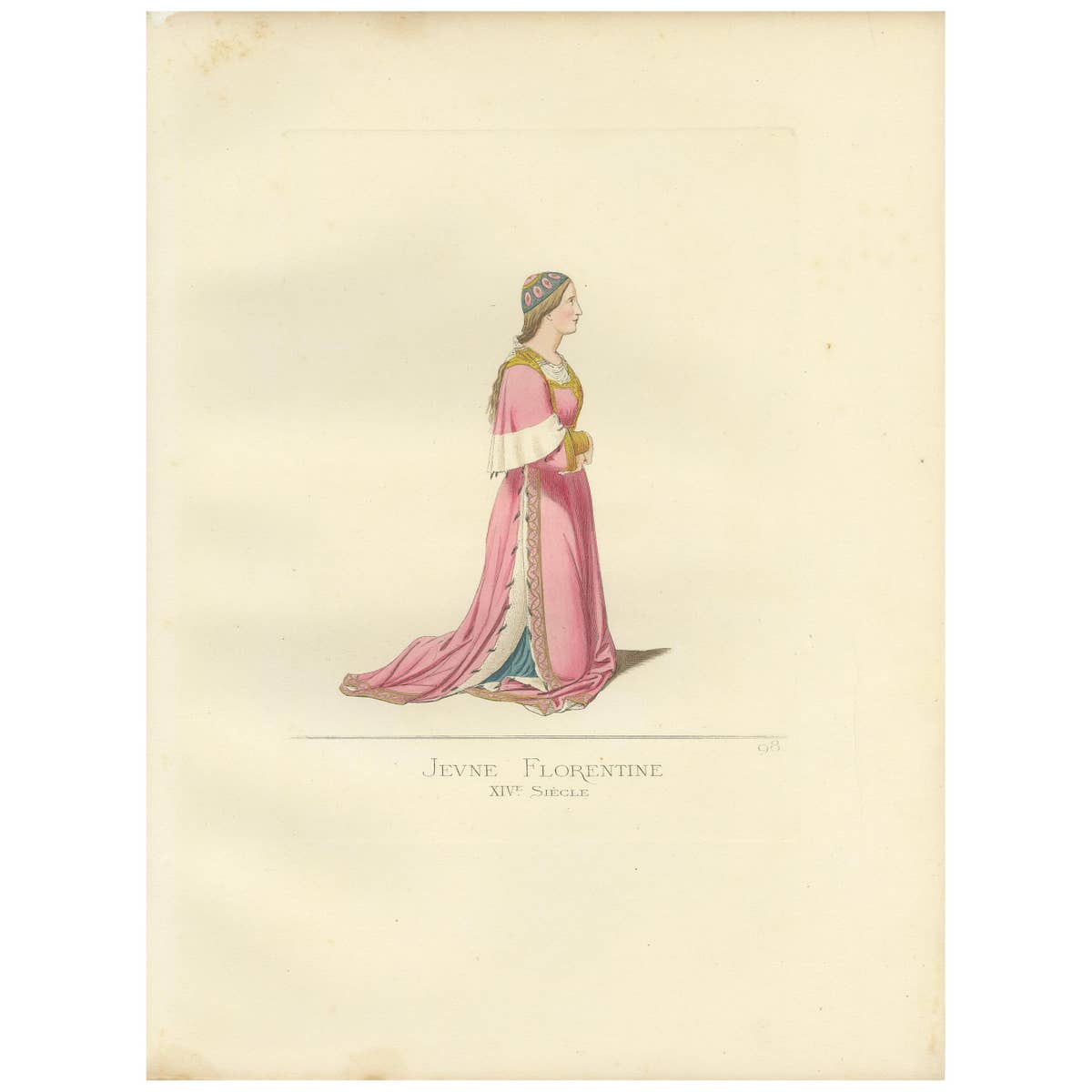 Antique Print of a Young Florentine Woman, Italy, 14th Century, by Bonnard, 1860