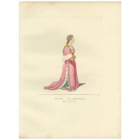 Antique Print of a Young Florentine Woman, Italy, 14th Century, by Bonnard, 1860