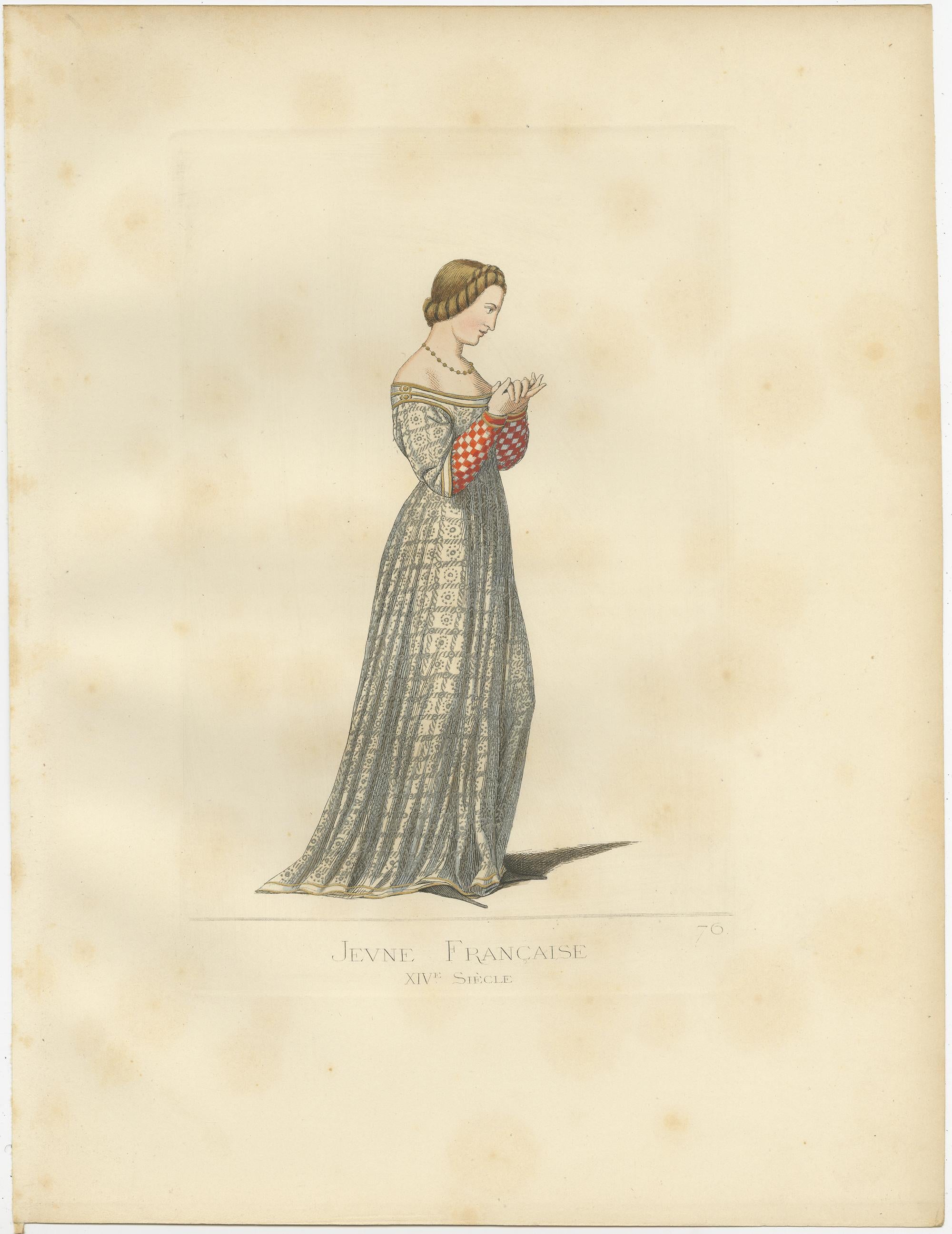 Antique Print of a Young French Woman, 14th Century, by Bonnard, 1860 In Good Condition For Sale In Langweer, NL
