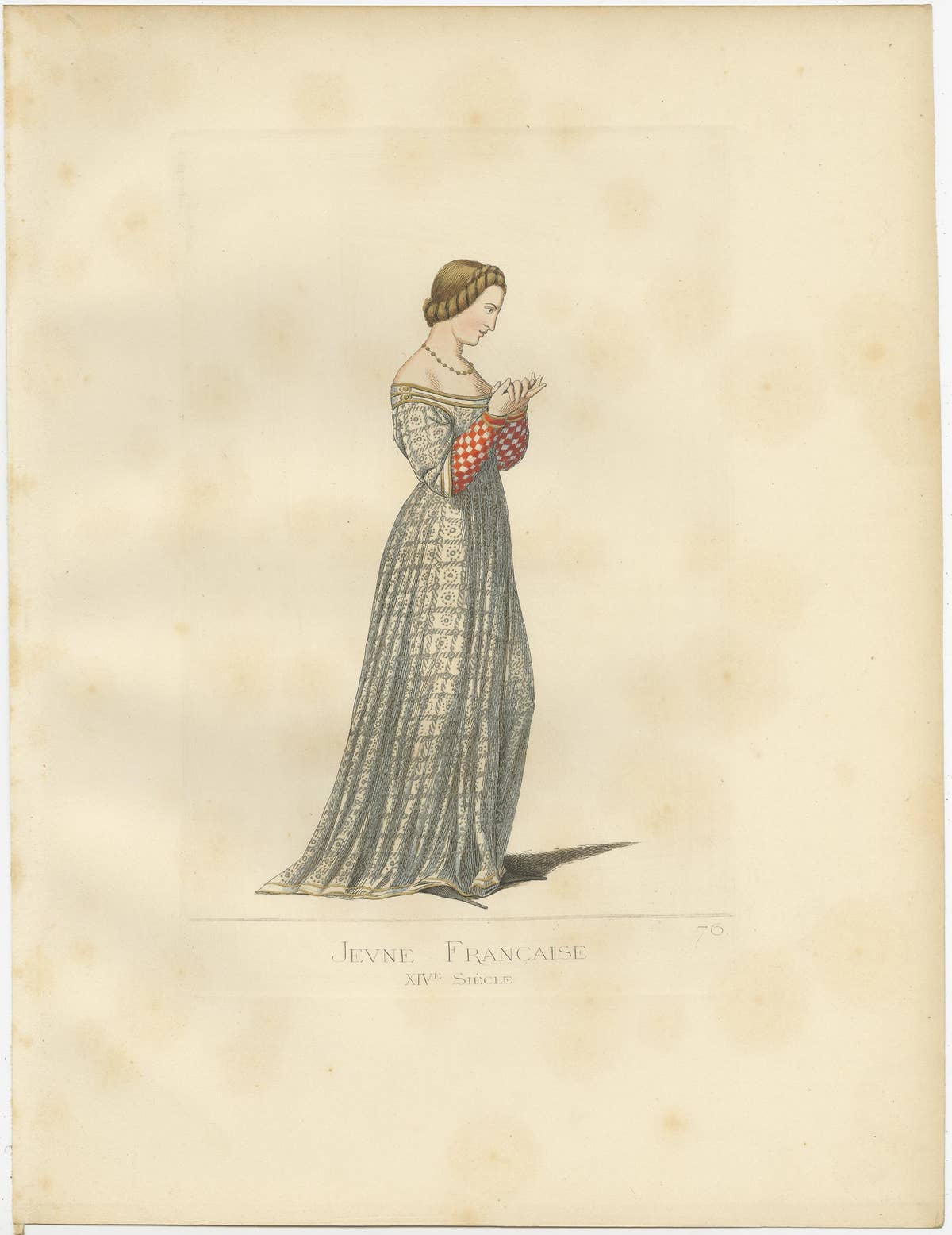 Antique Print of a Young French Woman, 14th Century, by Bonnard, 1860