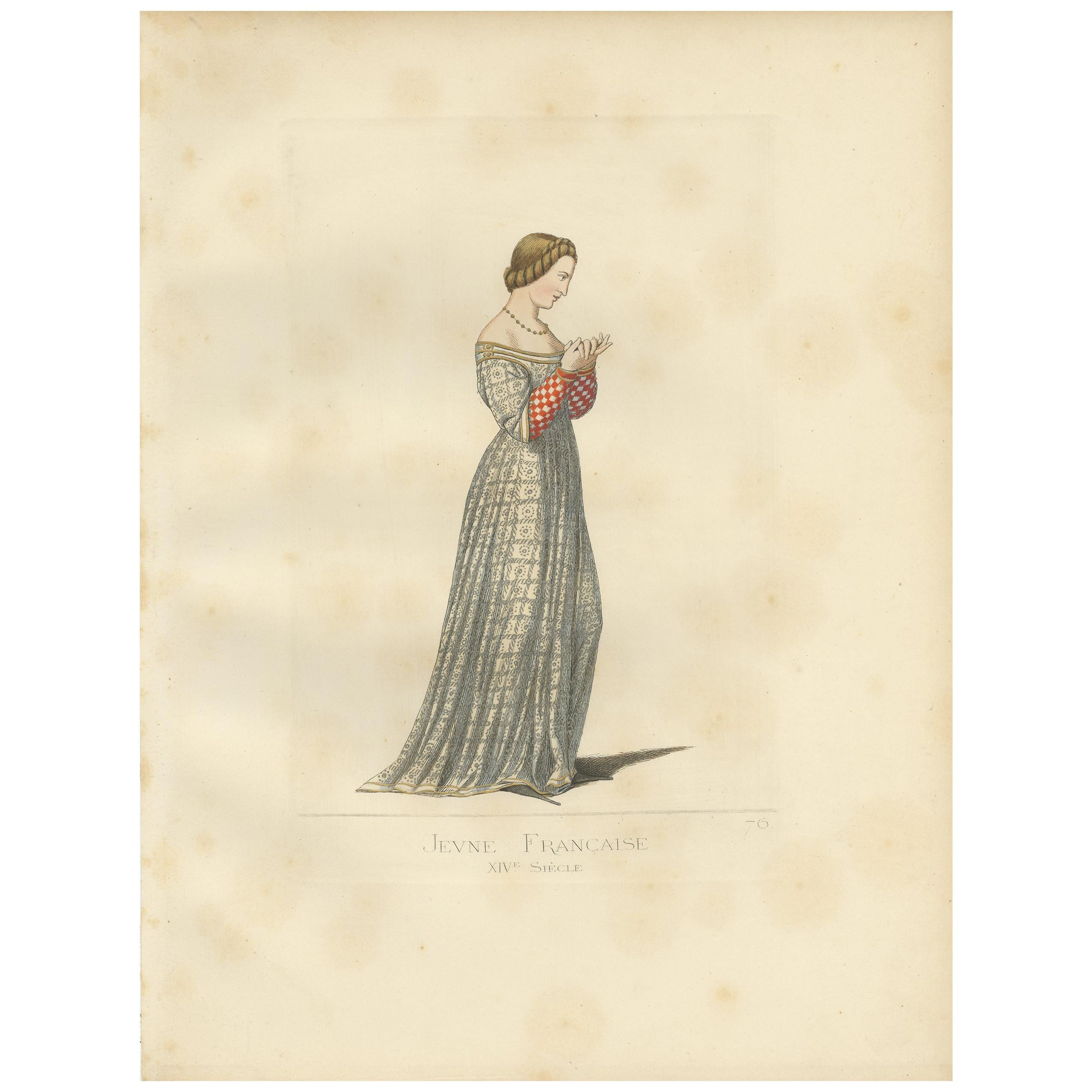 Antiker Druck einer jungen französischen Frau, 14. Jahrhundert, von Bonnard, 1860