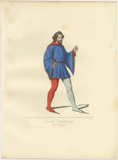 Stampa antica di un giovane francese del XIV secolo, di Bonnard, 1860