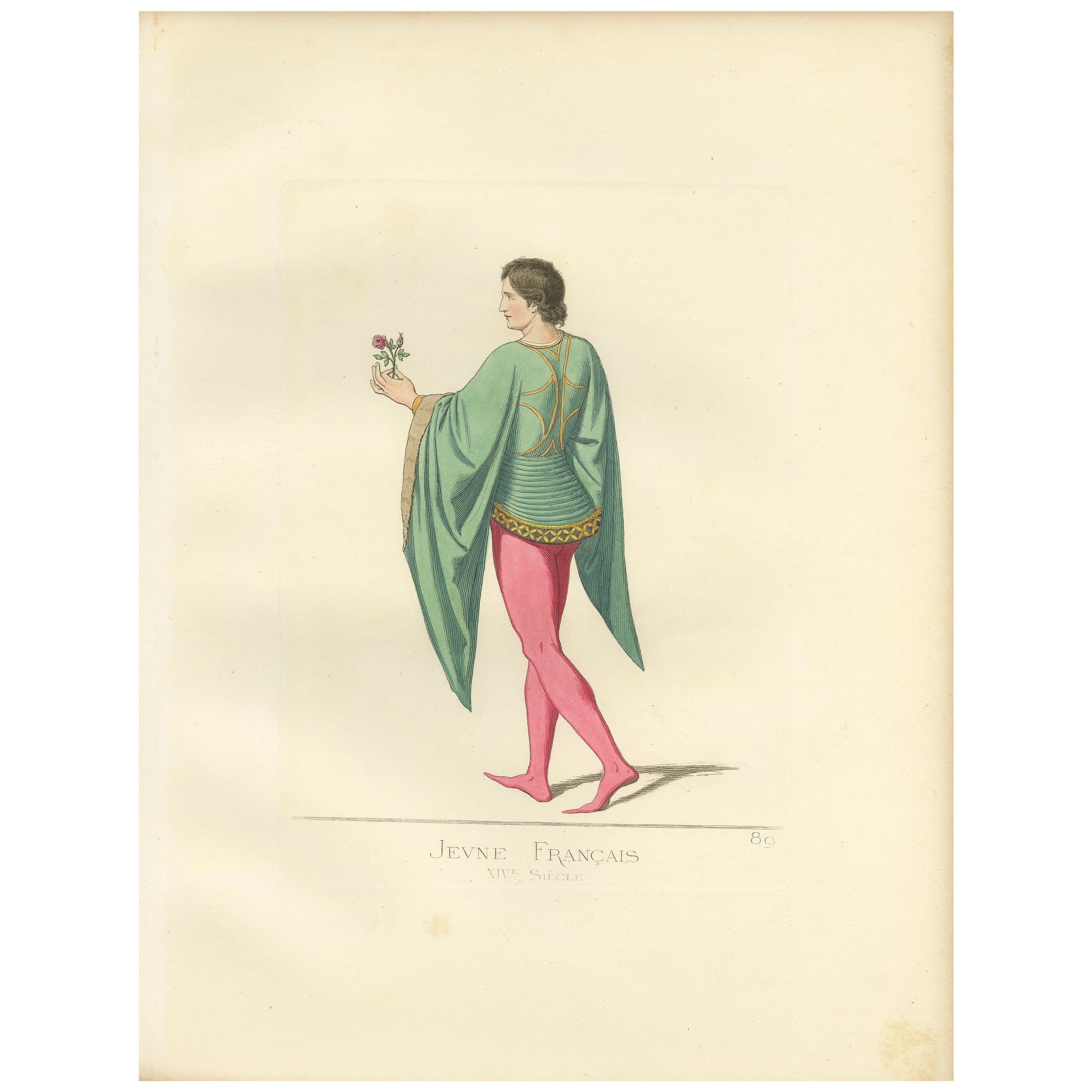 Antique Print of a Young Frenchman, 14th Century, by Bonnard, 1860 For Sale