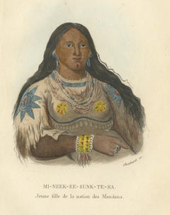 Grabado antiguo de una joven de la tribu mandan '1' por Prichard, 1843