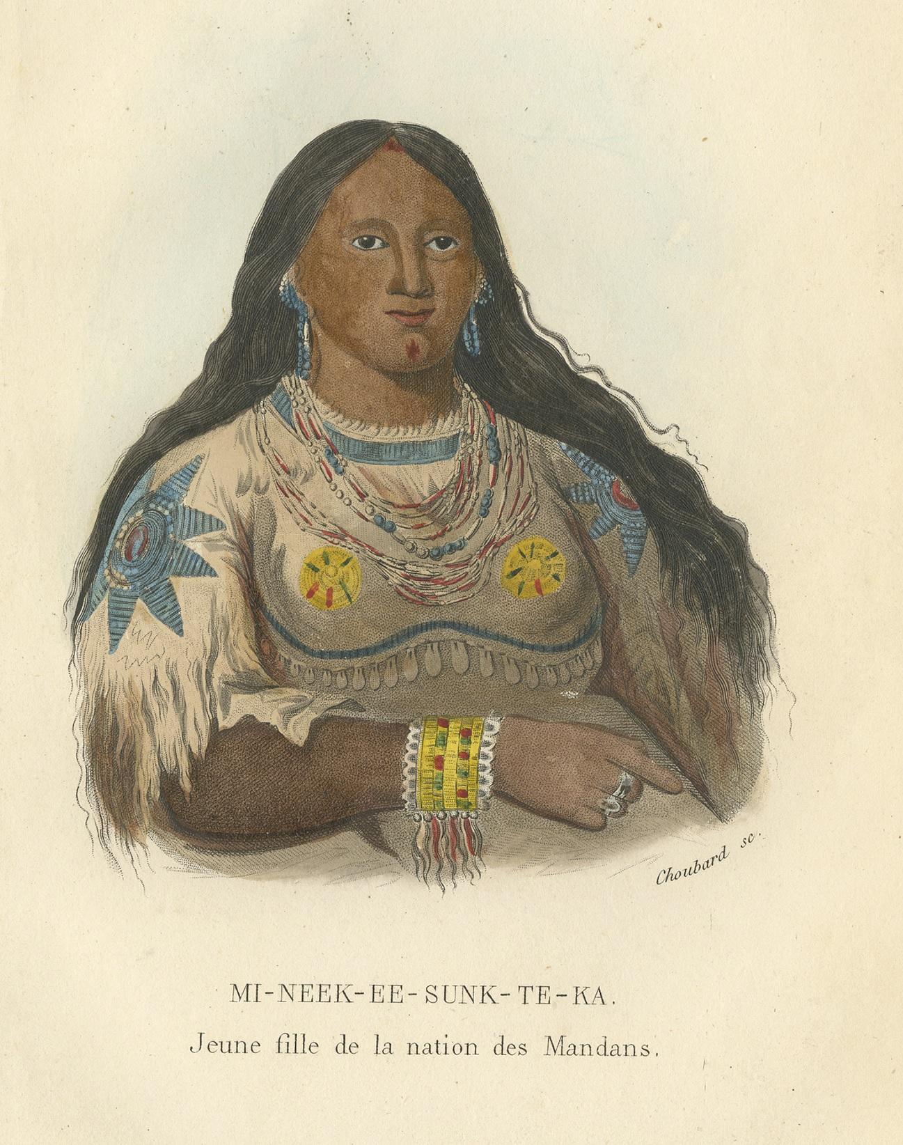 Impression ancienne d'une jeune fille de la tribu Mandan '1' par Prichard:: 1843 Bon état - En vente à Langweer, NL
