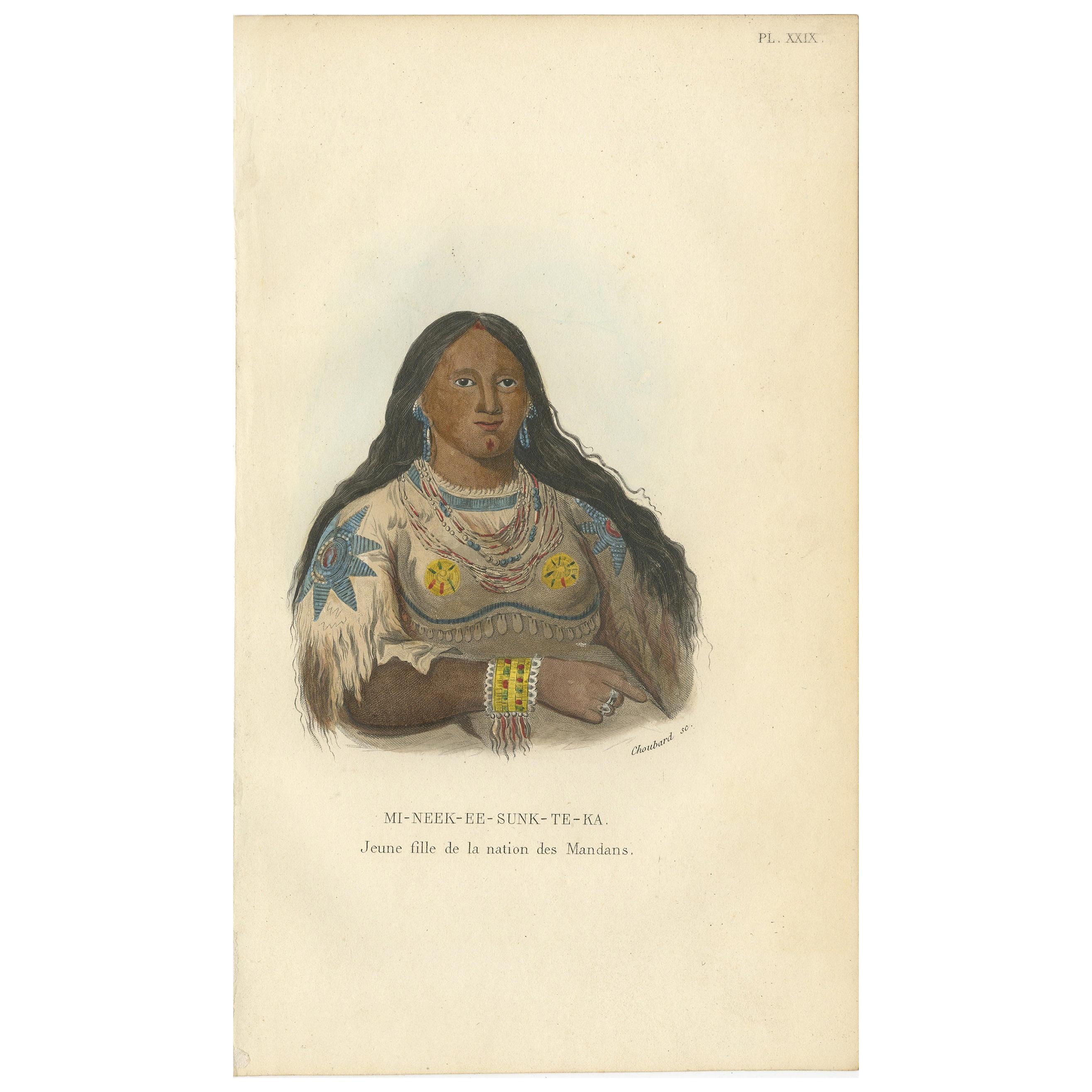 Impression ancienne d'une jeune fille de la tribu Mandan '1' par Prichard:: 1843 en vente