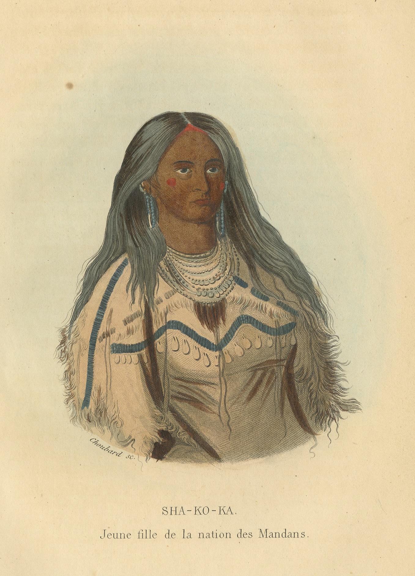 Antique print titled 'Sha-Ko-Ka'. Lithograph of a young girl of the Mandan tribe. The Mandan are a Native American tribe of the Great Plains who have lived for centuries primarily in what is now North Dakota. This print originates from 'Histoire
