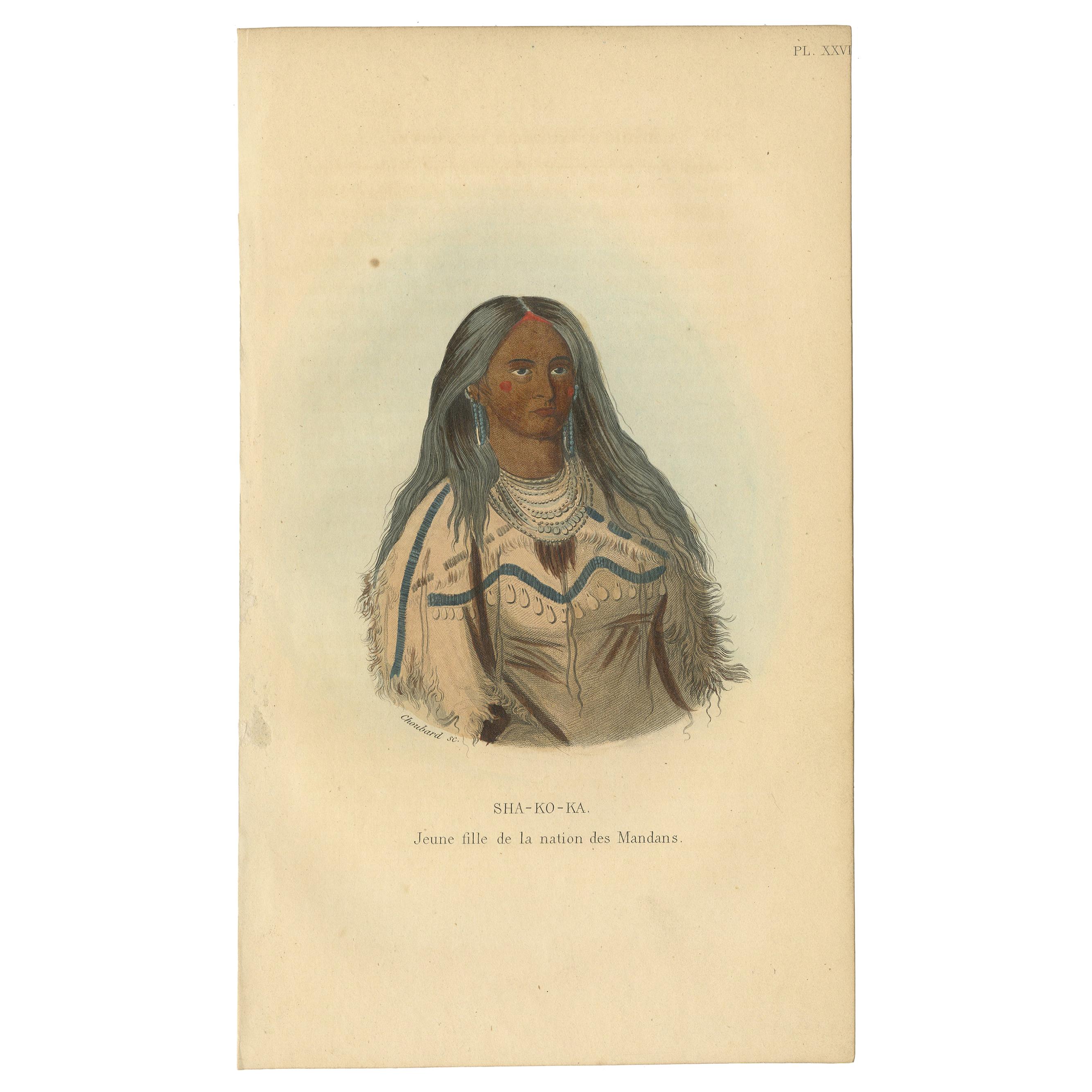 Antique Print of a Young Girl of the Mandan Tribe '2' by Prichard, 1843 For Sale