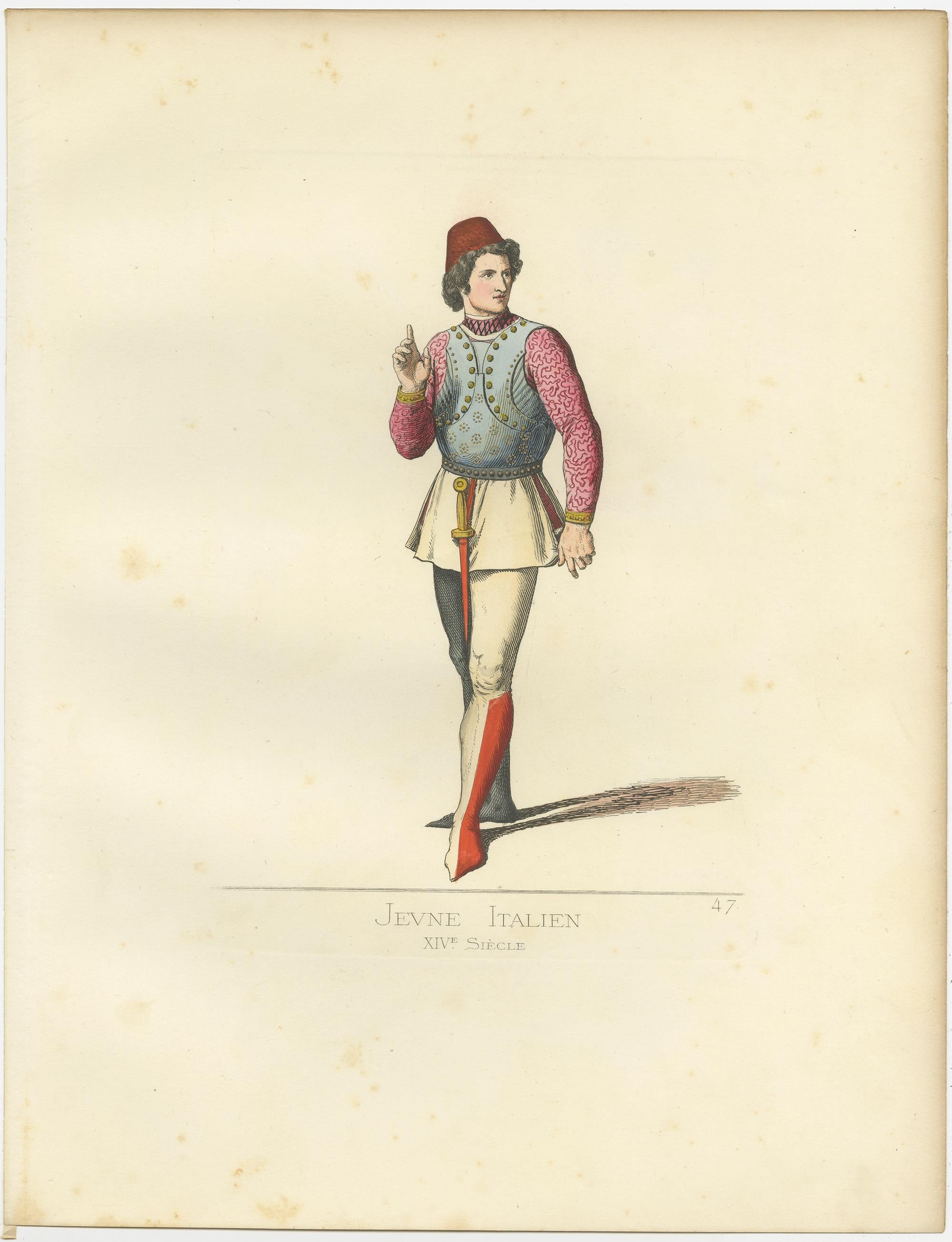 Antique print titled ‘Jeune Italien, XIVe Siecle.’ Original antique print of a young Italian man, 14th century. This print originates from 'Costumes historiques de femmes du XIII, XIV et XV siècle' by C. Bonnard. Published, 1860.