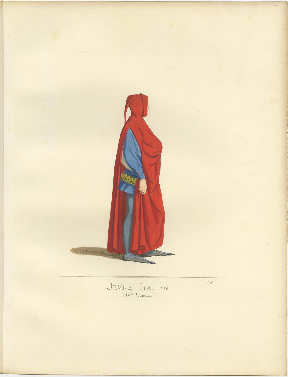 Antique Print of a Young Italian Man, 14th Century, by Bonnard, 1860