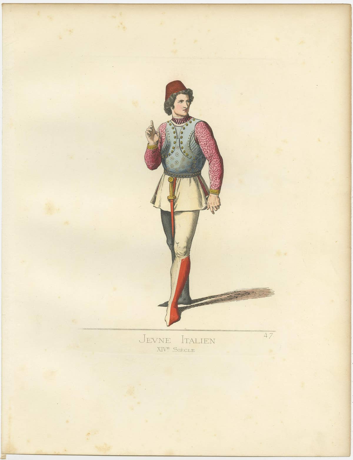 Antique Print of a Young Italian Man, 14th Century, by Bonnard, 1860