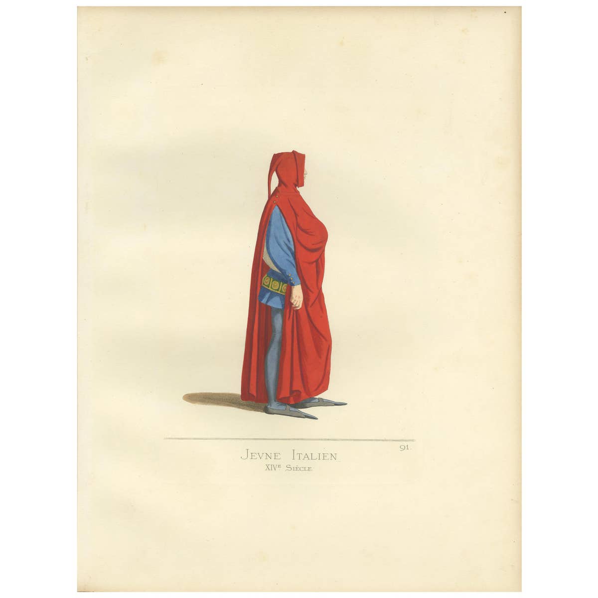Antique Print of a Young Italian Man, 14th Century, by Bonnard, 1860