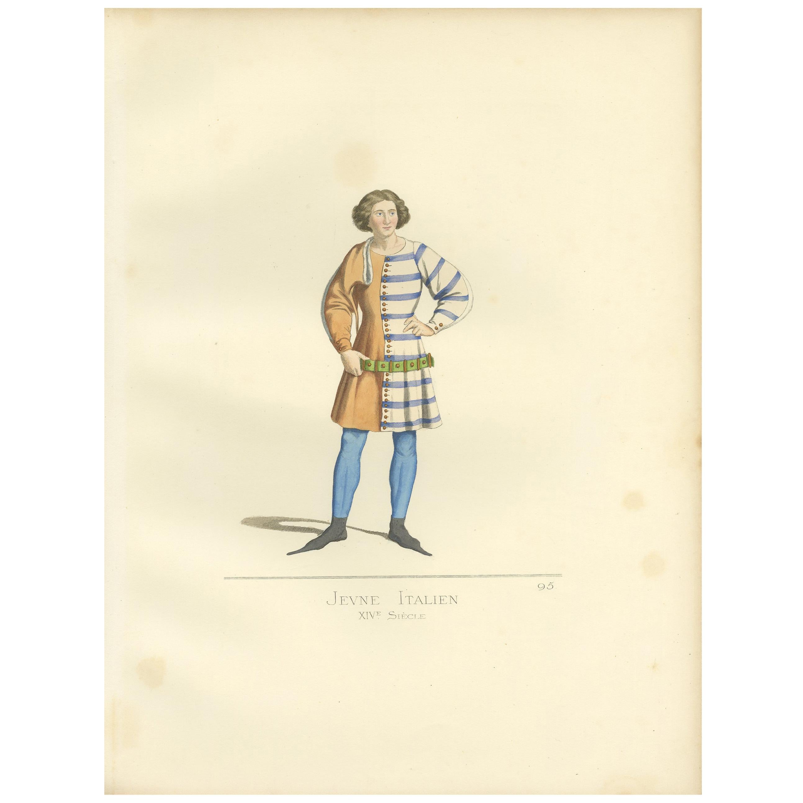 Antique Print of a Young Italian Man, 14th Century, by Bonnard, 1860 For Sale