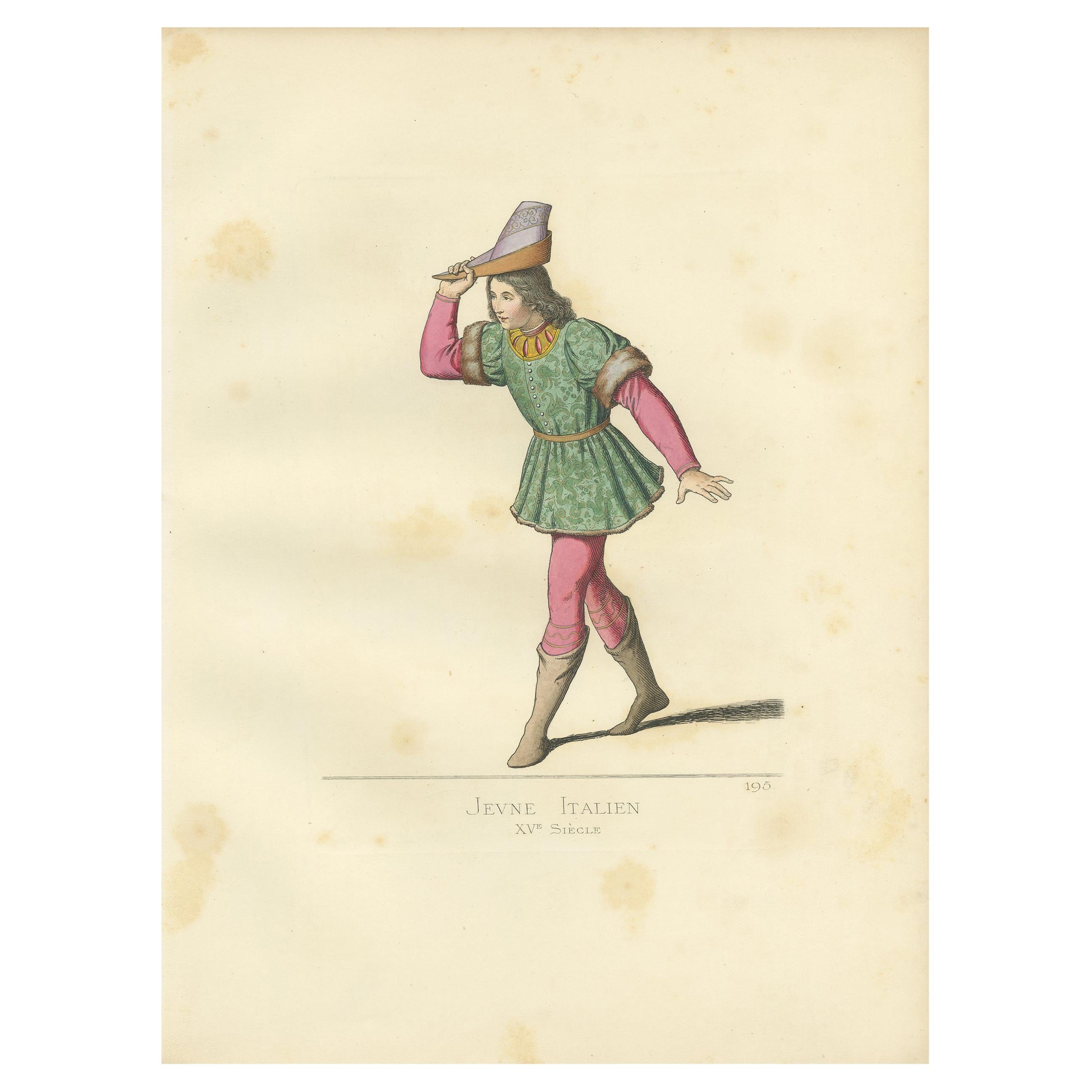 Antique Print of a Young Italian Man, 15th Century, by Bonnard, 1860 For Sale