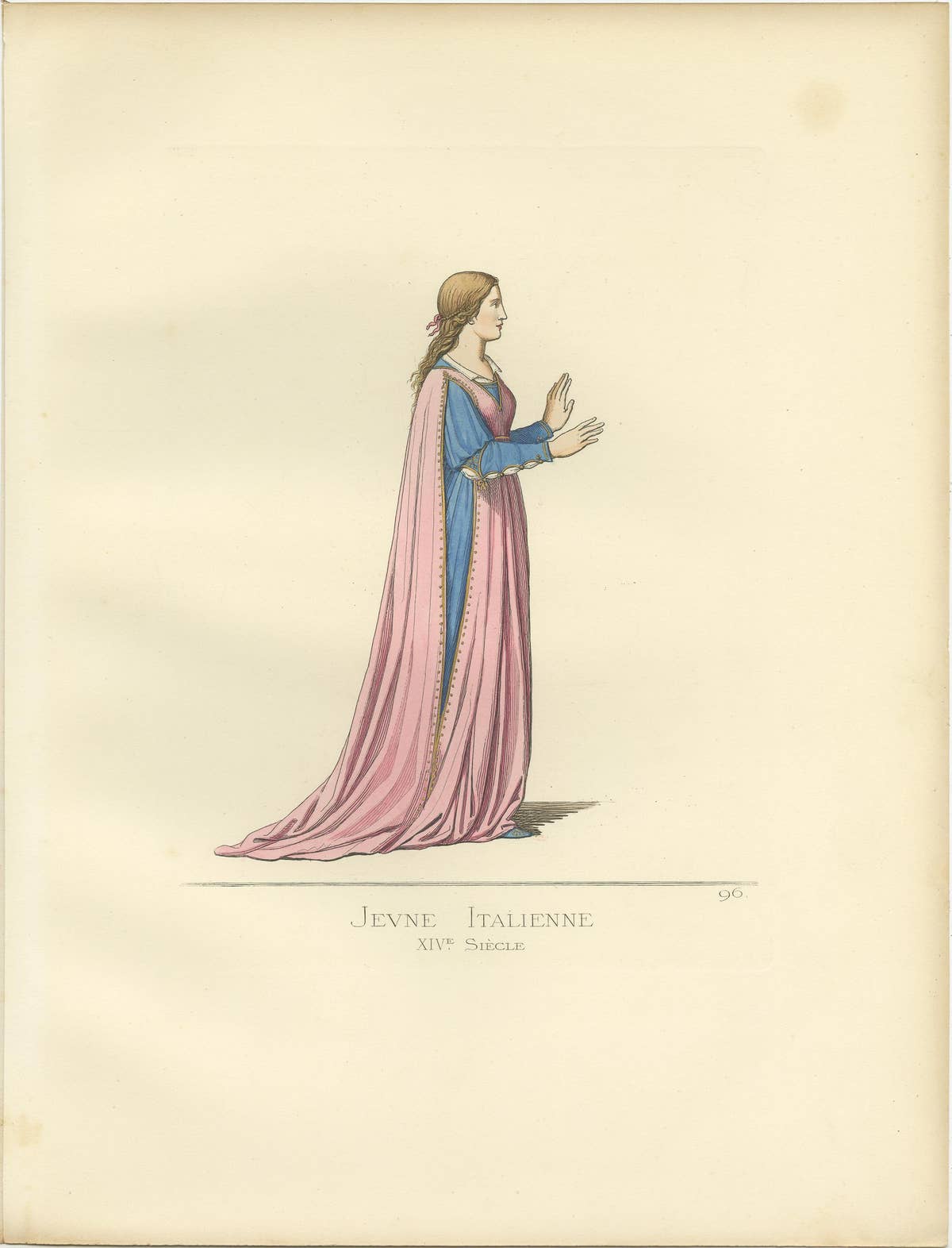 Antique Print of a Young Italian Woman, 14th Century, by Bonnard, 1860