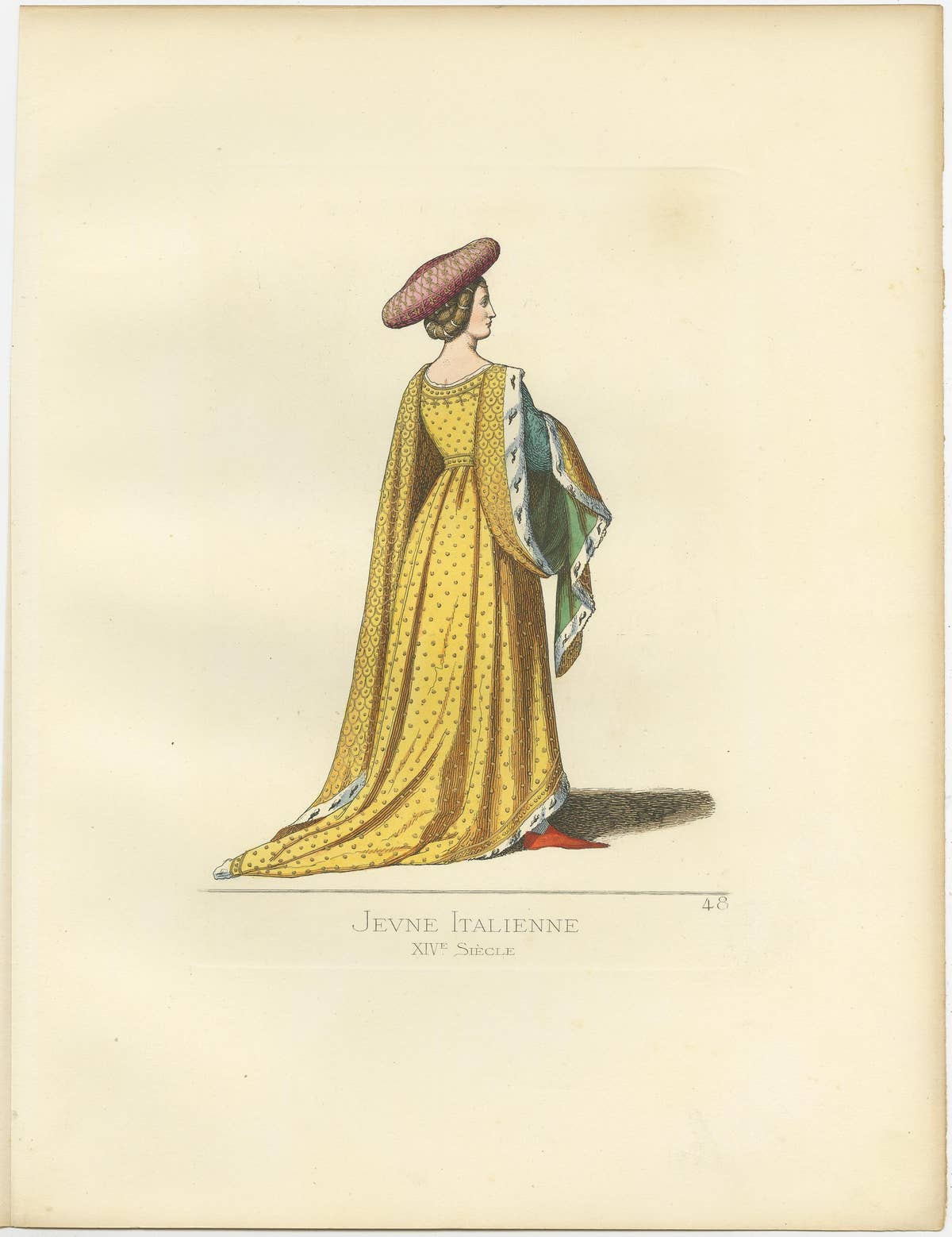 Antique Print of a Young Italian Woman, 14th Century, by Bonnard, 1860