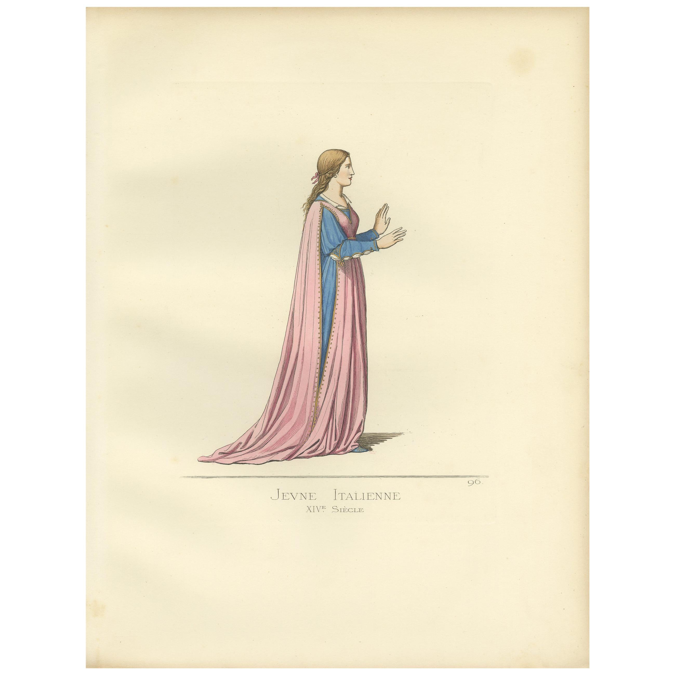 Antique Print of a Young Italian Woman, 14th Century, by Bonnard, 1860 For Sale