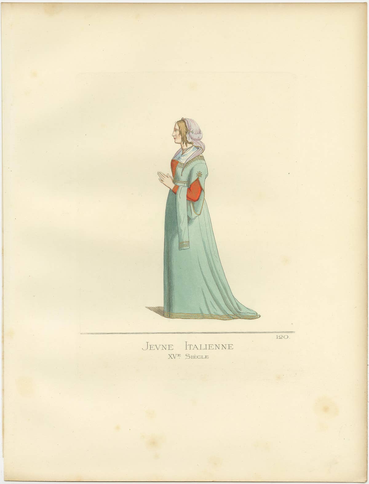 Antique Print of a Young Italian Woman, 15th Century, by Bonnard, 1860