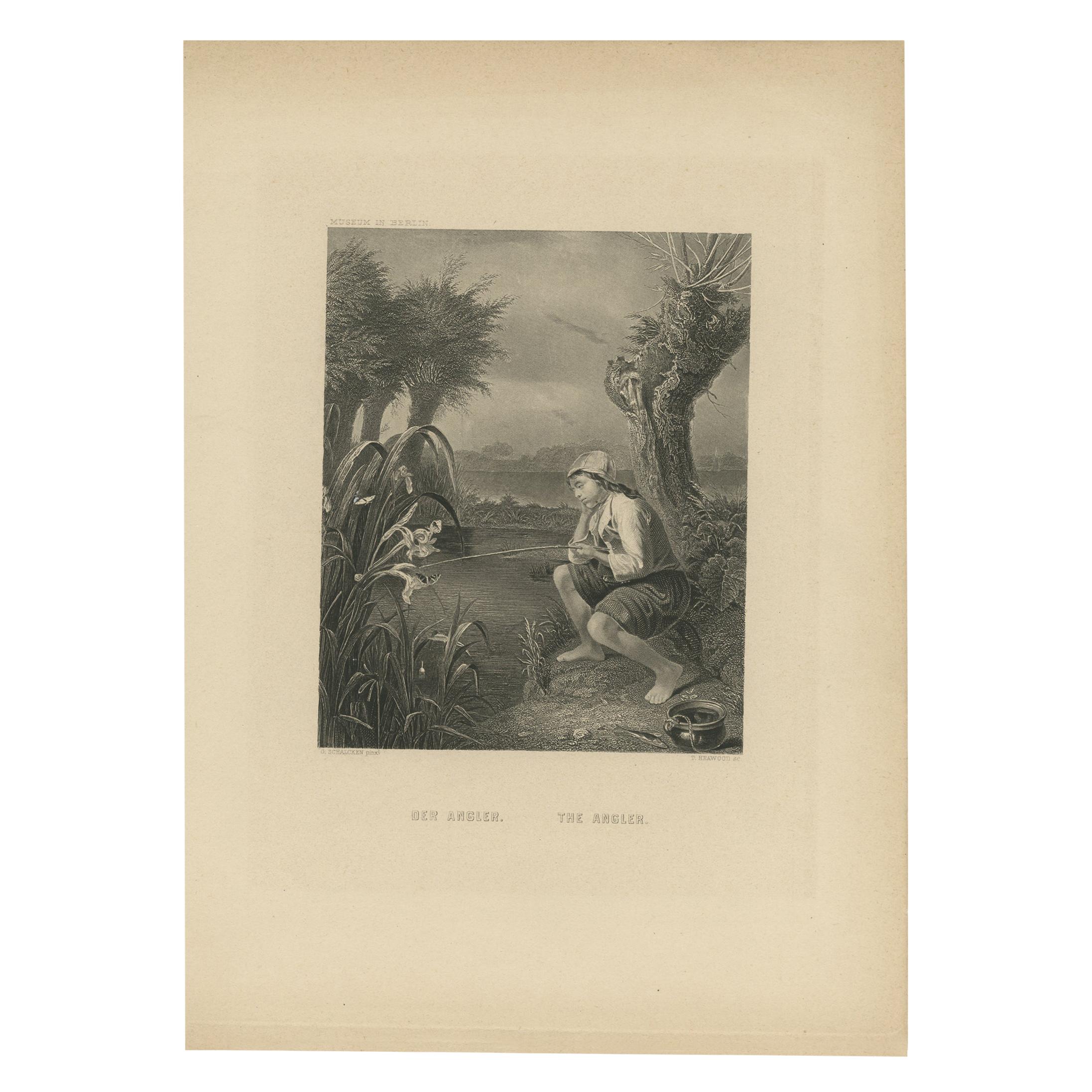 Antiker Druck eines jungen Mannes, der auf einer Flussbank fischen geht, von Heawood, um 1860