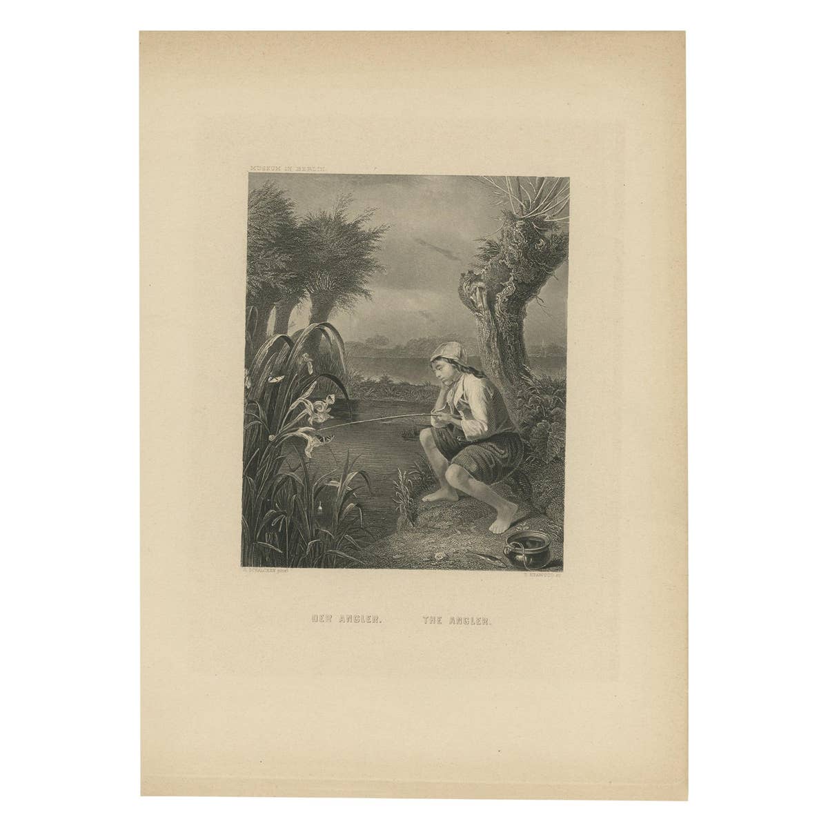 Antique Print of a Young Man Fishing on a Riverbank by Heawood, 'c.1860'