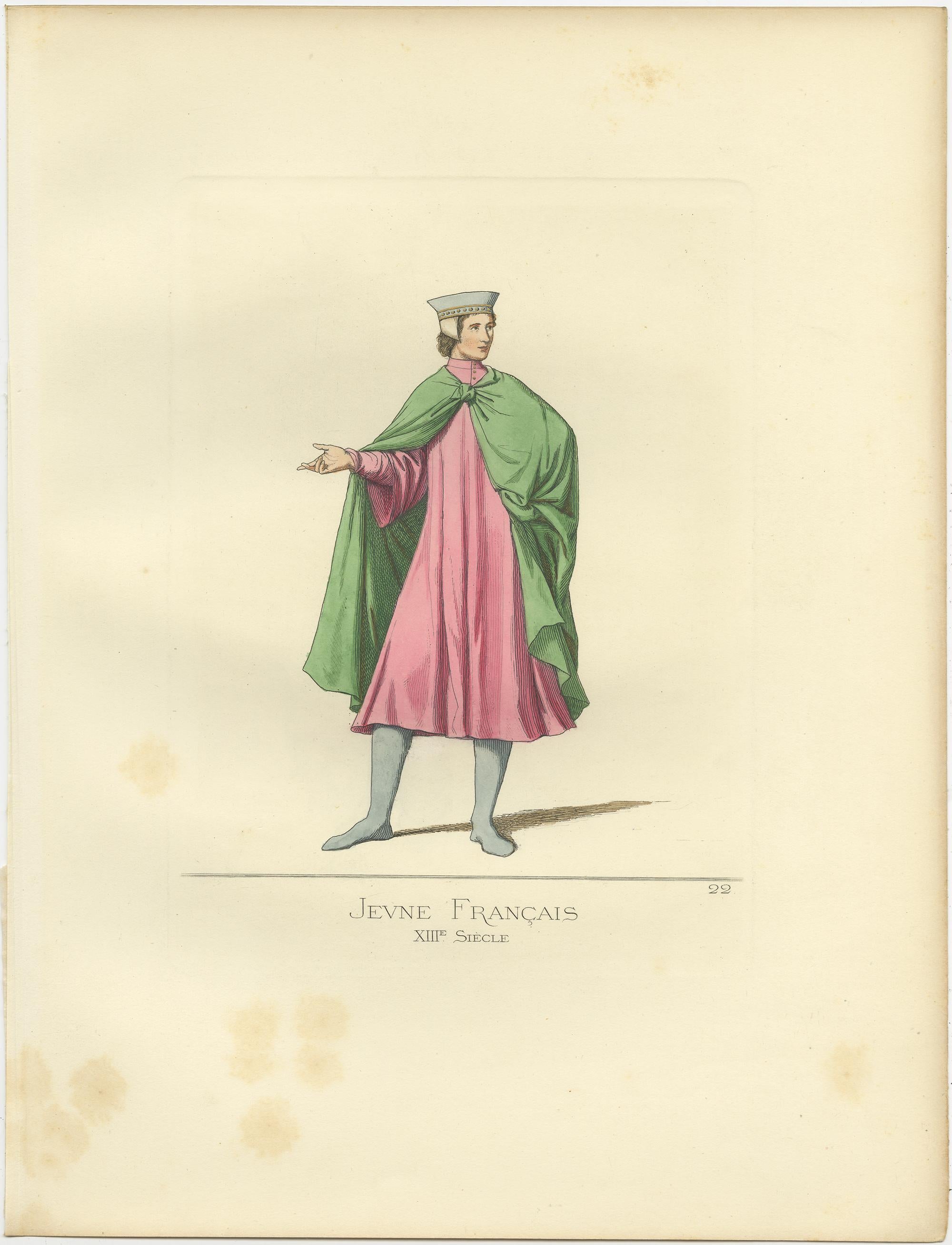 Antique print titled ‘Jeune Francais, XIIIe Siecle.’ Original antique print of a young man from France. This print originates from 'Costumes historiques de femmes du XIII, XIV et XV siècle' by C. Bonnard. Published 1860.