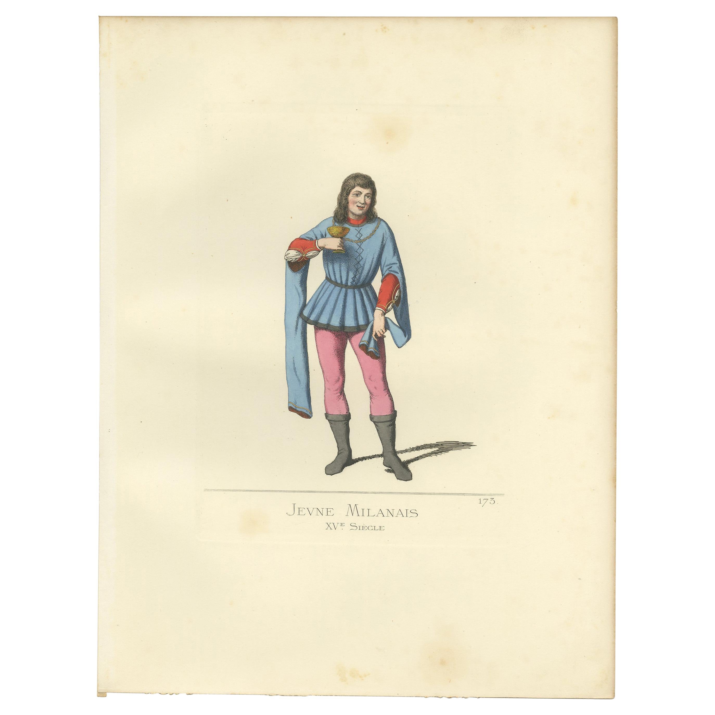 Antique Print of a Young Man from Milan, 15th Century, by Bonnard, 1860 For Sale