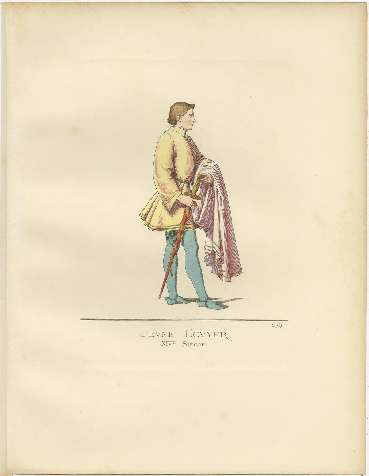 Antique Print of a Young Squire, Italy, 14th Century, by Bonnard, 1860