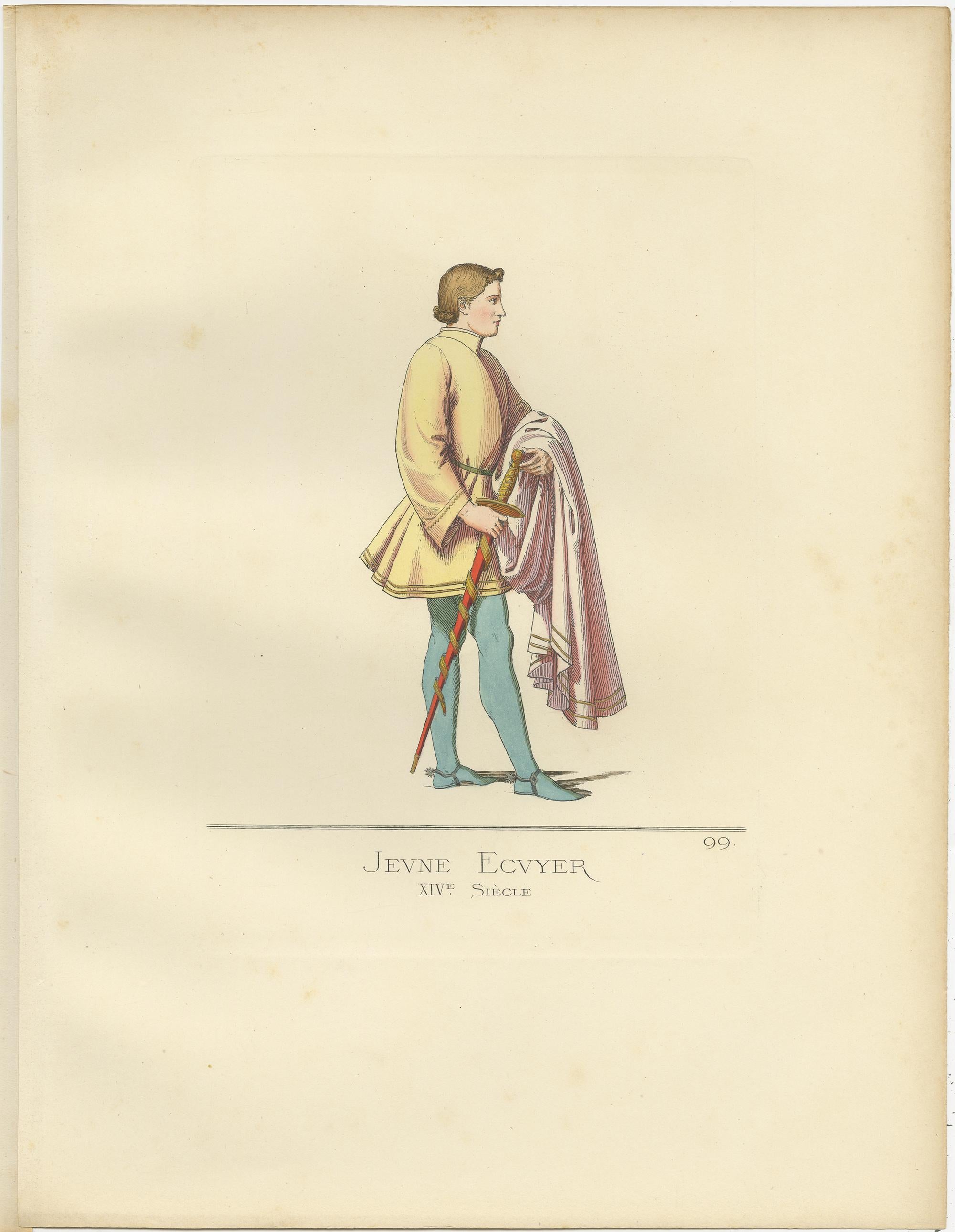 Antique Print of a Young Squire, Italy, 14th Century, by Bonnard, 1860 In Good Condition For Sale In Langweer, NL