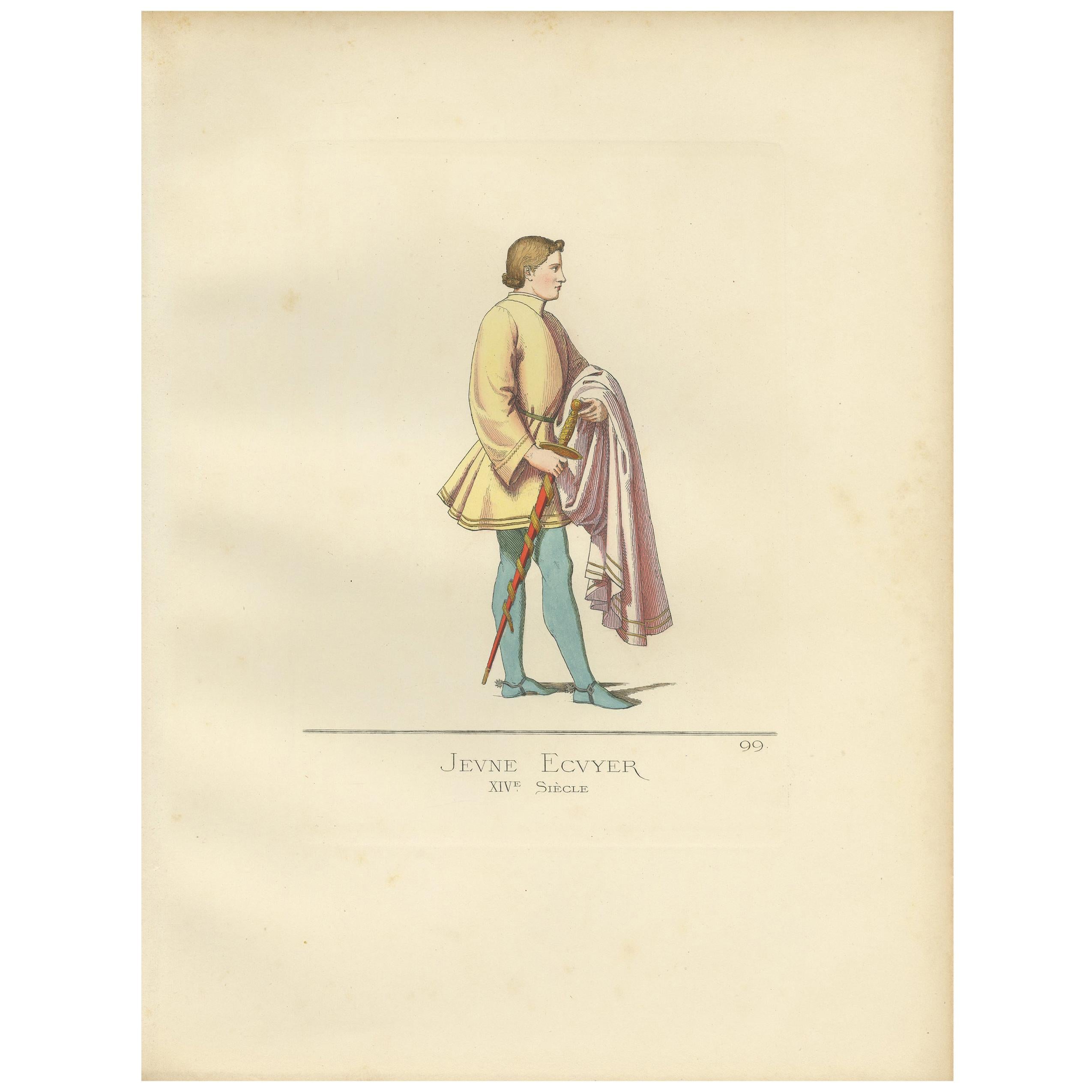 Antique Print of a Young Squire, Italy, 14th Century, by Bonnard, 1860 For Sale