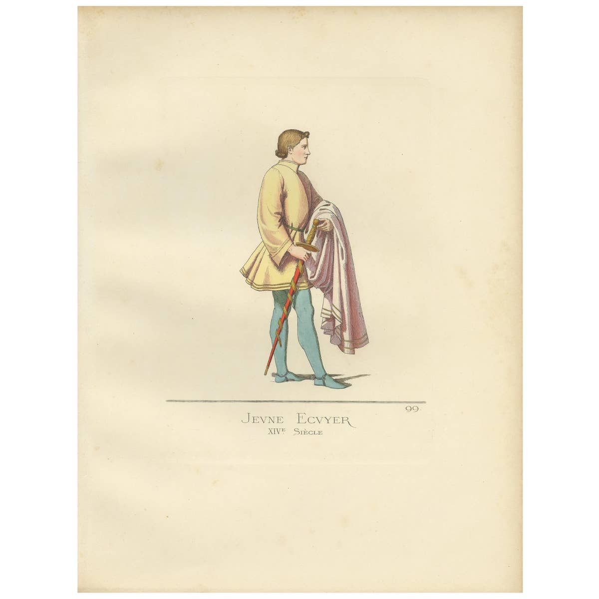 Antique Print of a Young Squire, Italy, 14th Century, by Bonnard, 1860