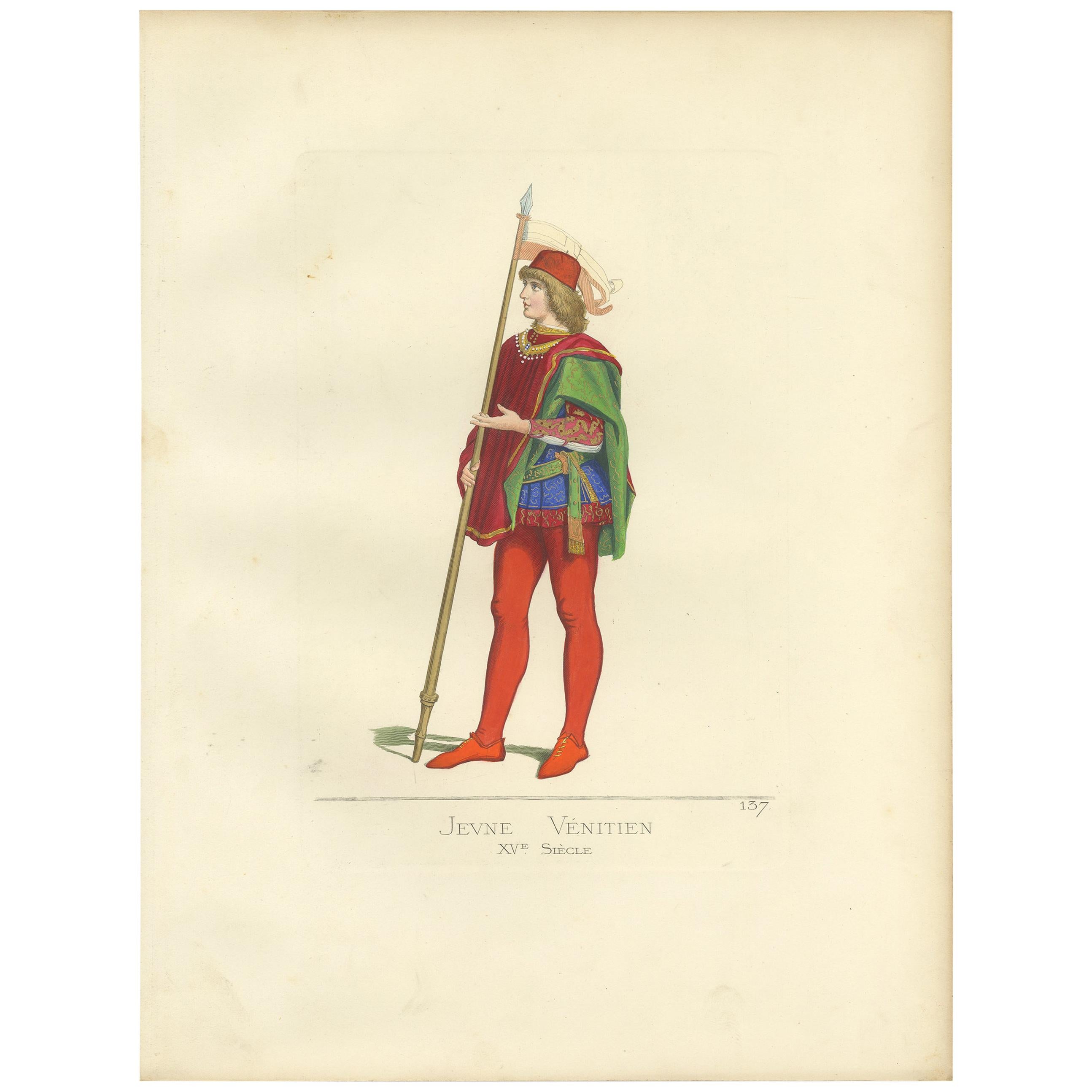 Antique Print of a Young Venetian, 15th Century, by Bonnard, 1860 For Sale