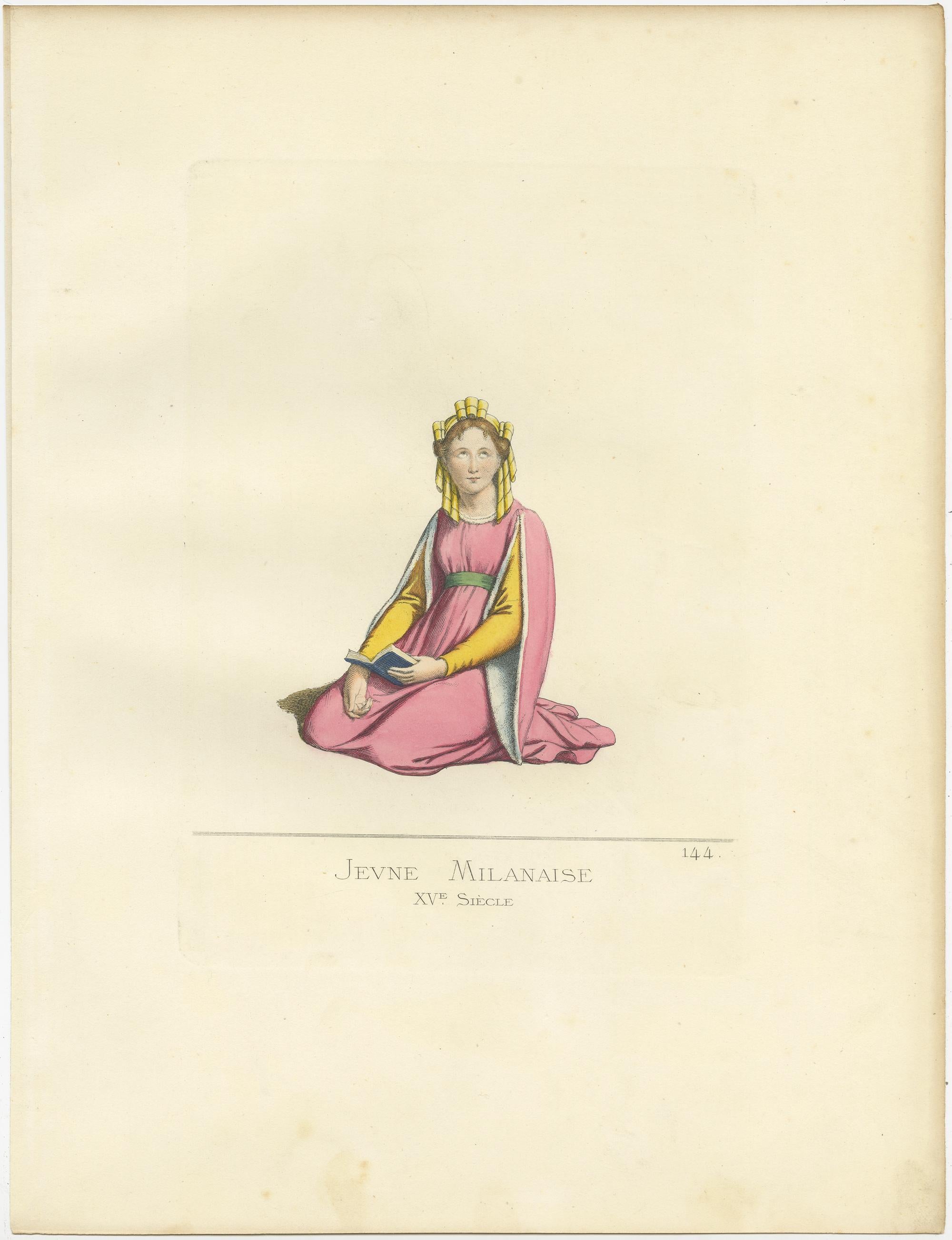 Antique print titled ‘Jeune Milanaise, XIVe Siecle.’ Original antique print of a young woman from Milan, 14th century. This print originates from 'Costumes historiques de femmes du XIII, XIV et XV siècle' by C. Bonnard. Published, 1860.