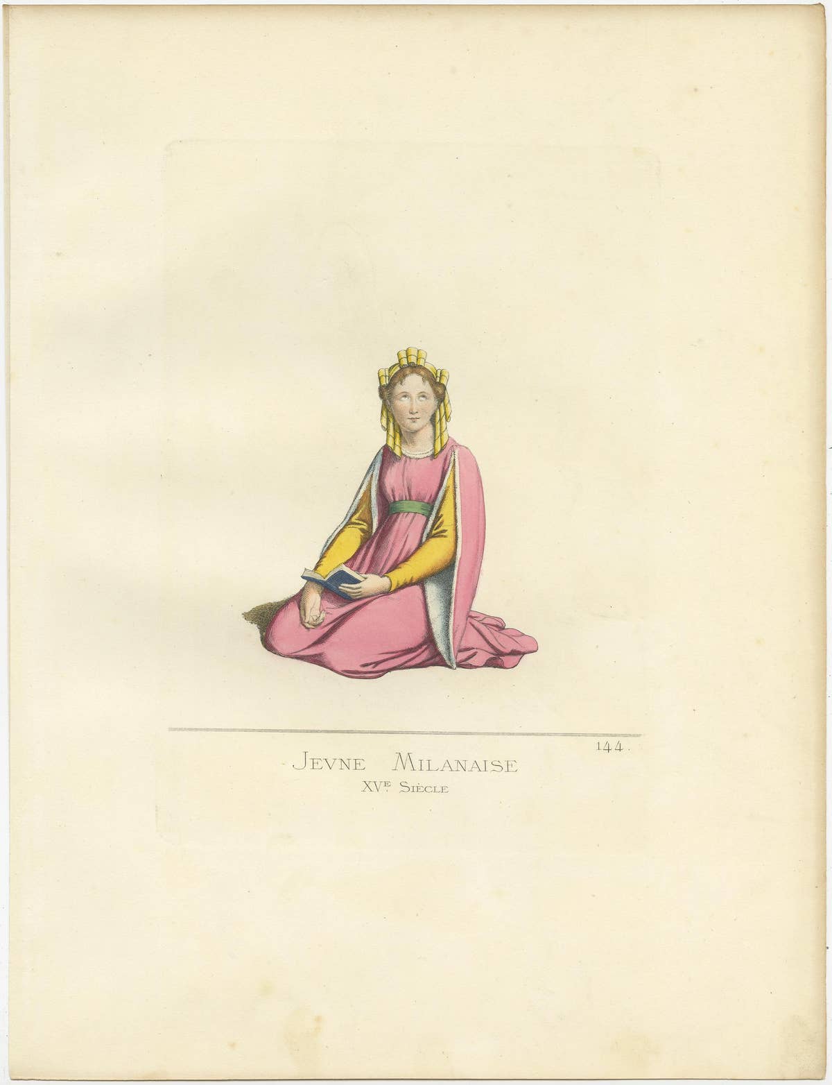 Antique Print of a Young Woman from Milan, 14th Century, by Bonnard, 1860