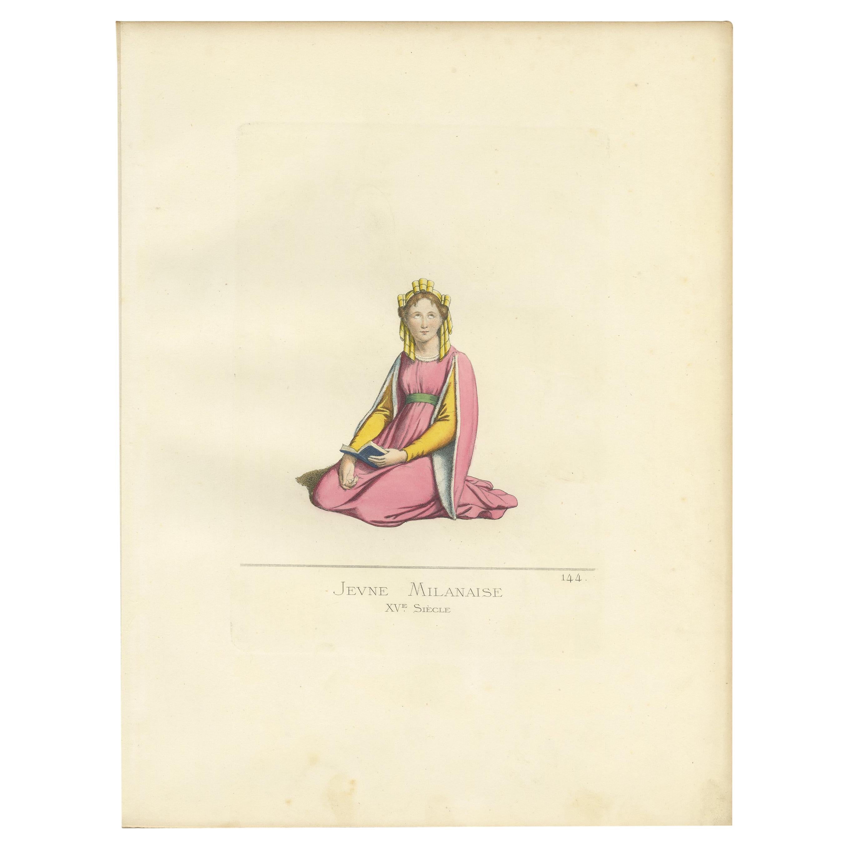 Antique Print of a Young Woman from Milan, 14th Century, by Bonnard, 1860 For Sale