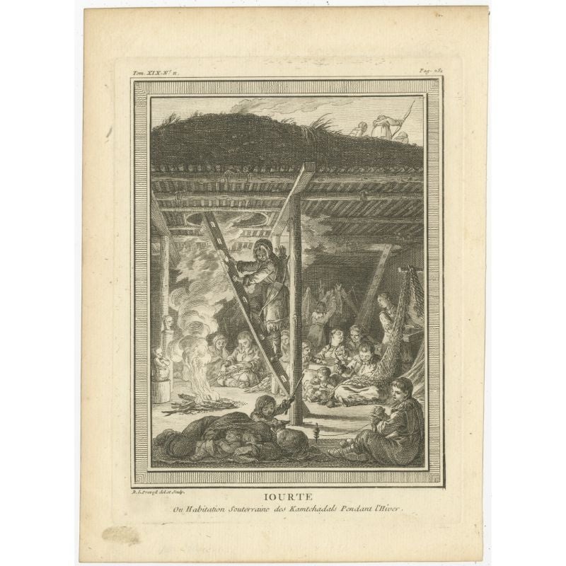 Antique print titled 'Iourte ou Habitation Souterraine (..)'. Copper engraving of a yurt and natives of Kamchatka. This print originates from volume 19 of 'Histoire generale des voyages (..)' by Antoine Francois Prevost d'Exile.

Artists and