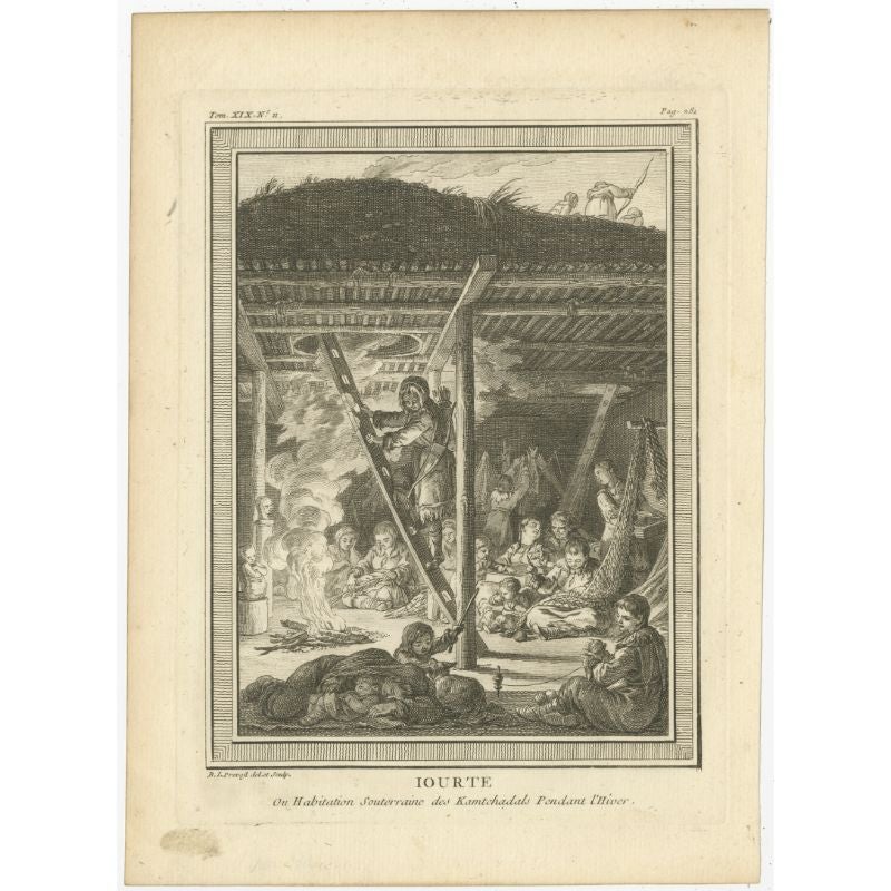 Antiker Druck mit dem Titel 'Iourte ou Habitation Souterraine (..)'. Kupferstich einer Jurte und Eingeborenen von Kamtschatka. Dieser Druck stammt aus Band 19 der 