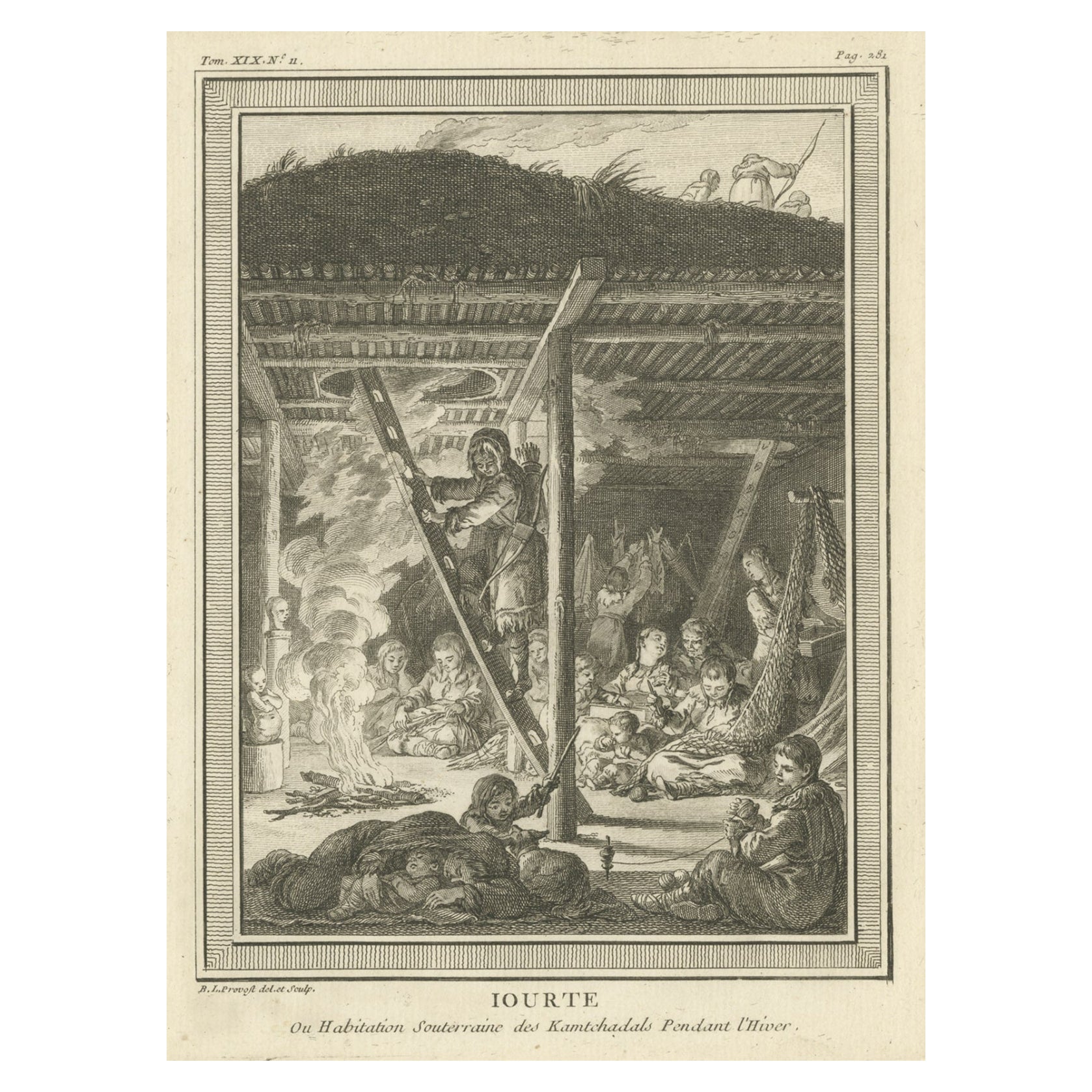 Antiker Druck eines Yurts mit Eingeborenen aus Kamchatka, Russland, 1770