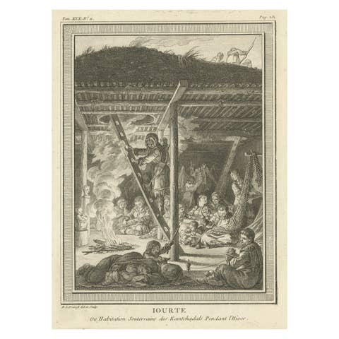 Antique Print of a Yurt and Natives of Kamchatka, Russia, 1770