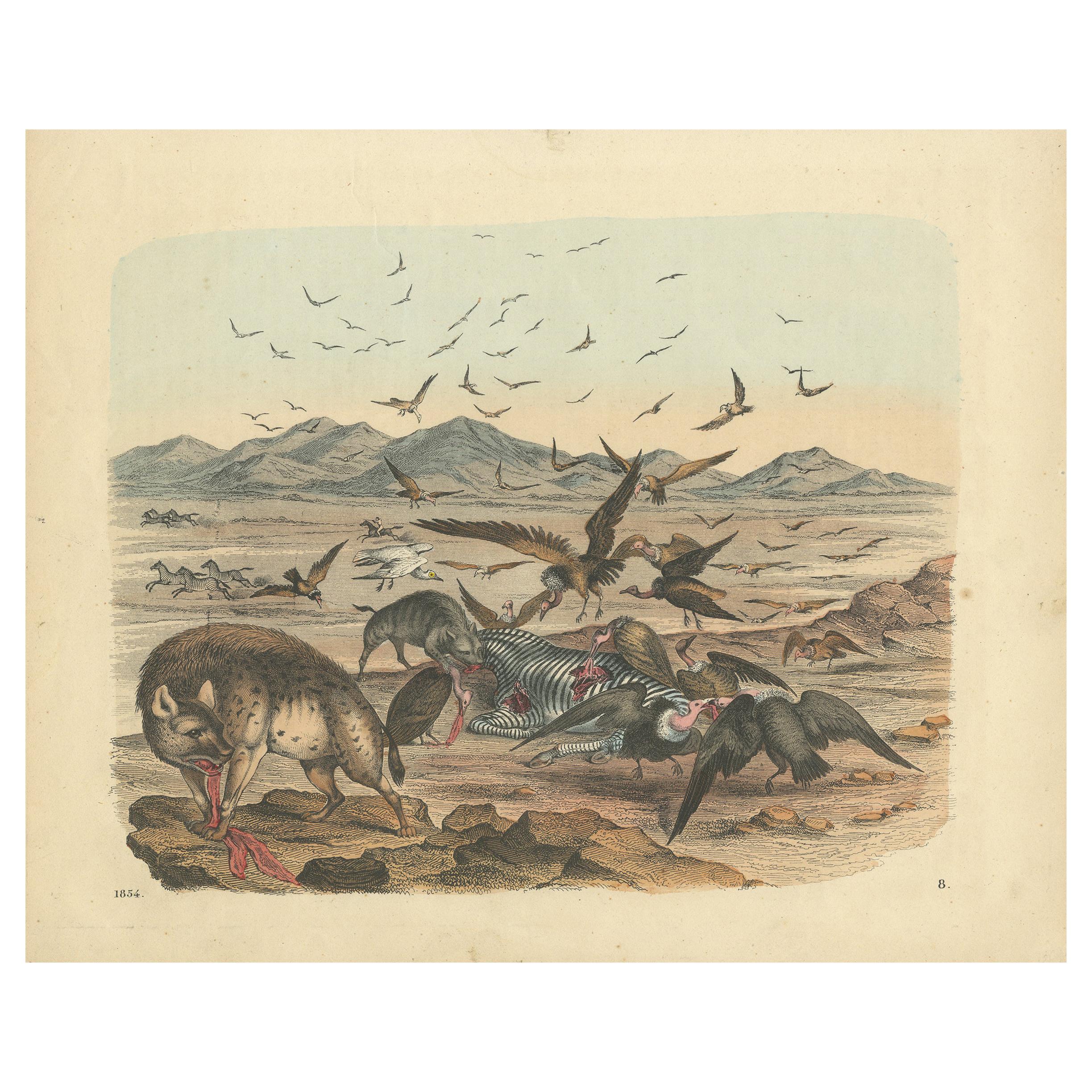 Antique Print of a Zebra Hunt with Hyena species and many Vultures, 'c.1860' For Sale