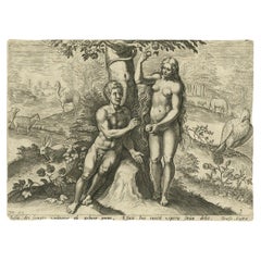 Antique Print of Adam and Eve Eating the Apple from the Tree '1674'