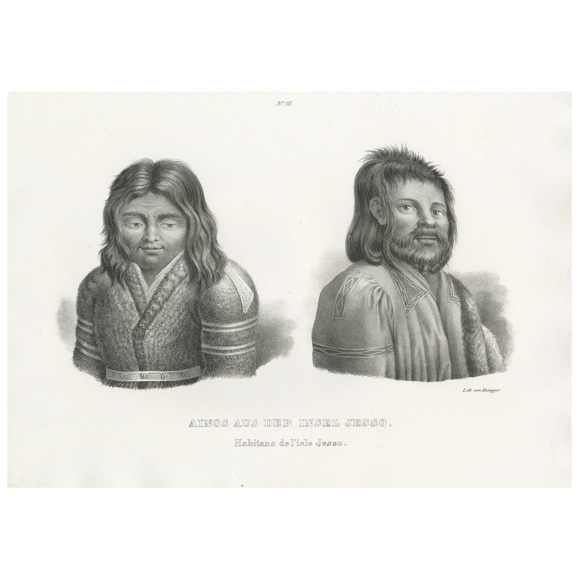 Stampa antica del popolo Ainu dell'isola di Hokkaido di Honegger (1845) in vendita