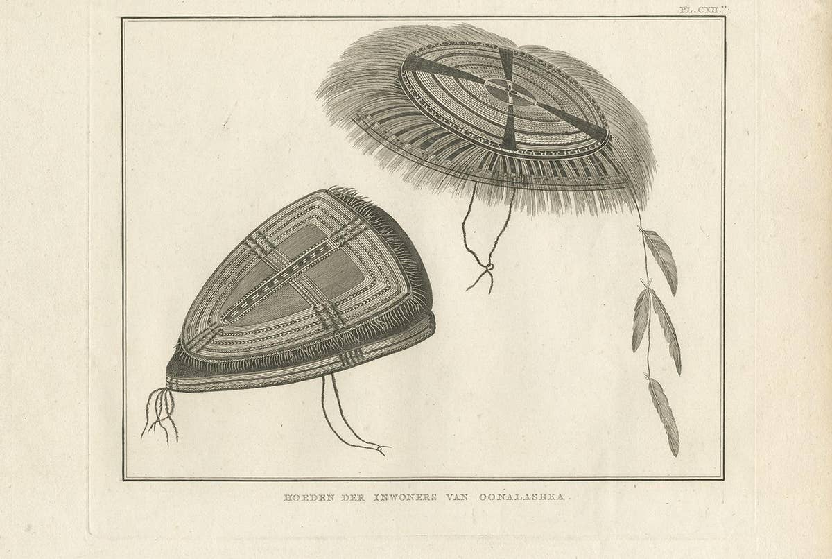 Antique Print of Alaska Costumes by Cook, 1803