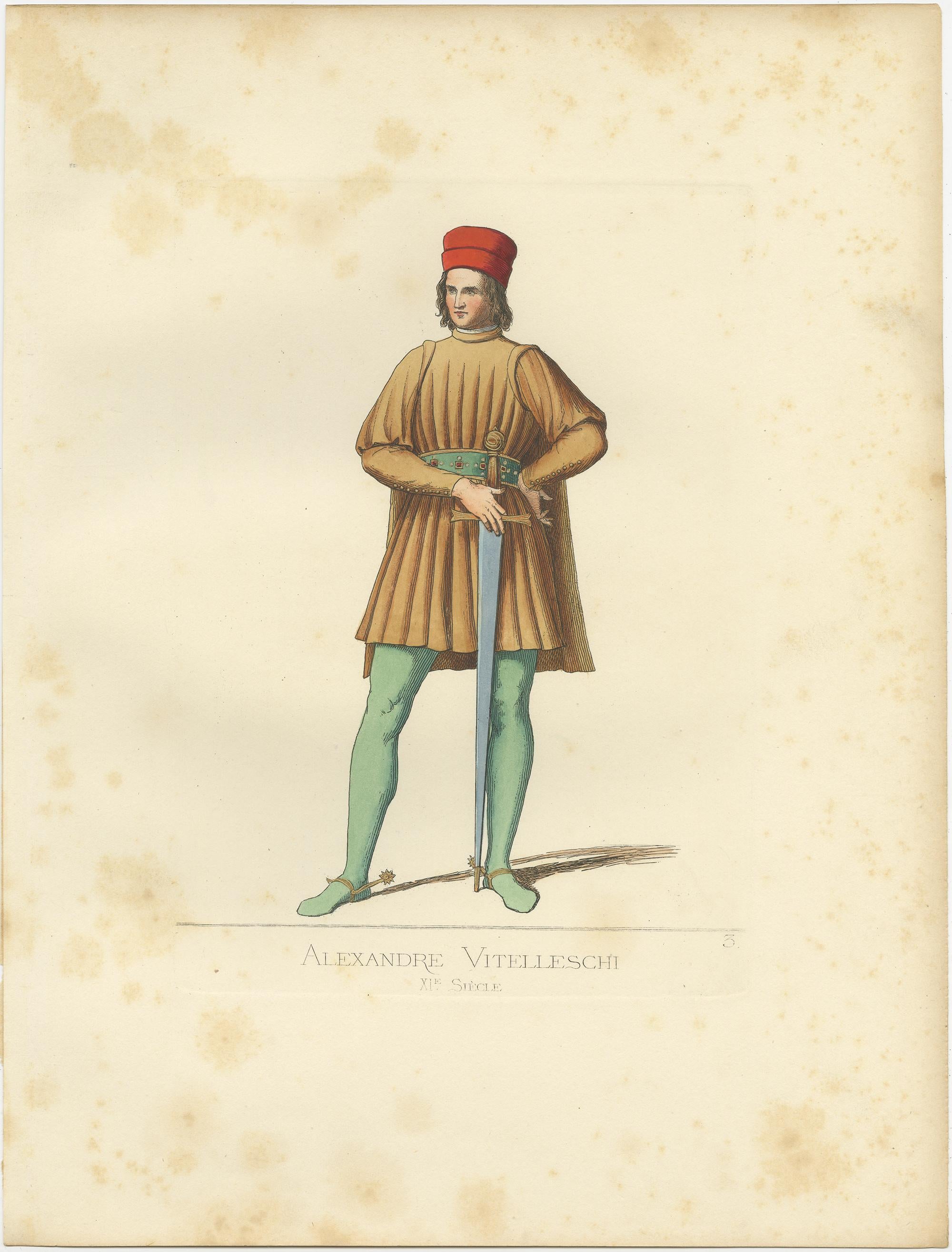 Antique print titled ‘Alexandre Vitelleschi', XIe Siecle.’ Original antique print of Alexandre Vitelleschi, imperial knight and count palatine, 11th century. This print originates from 'Costumes historiques de femmes du XIII, XIV et XV siècle' by C.