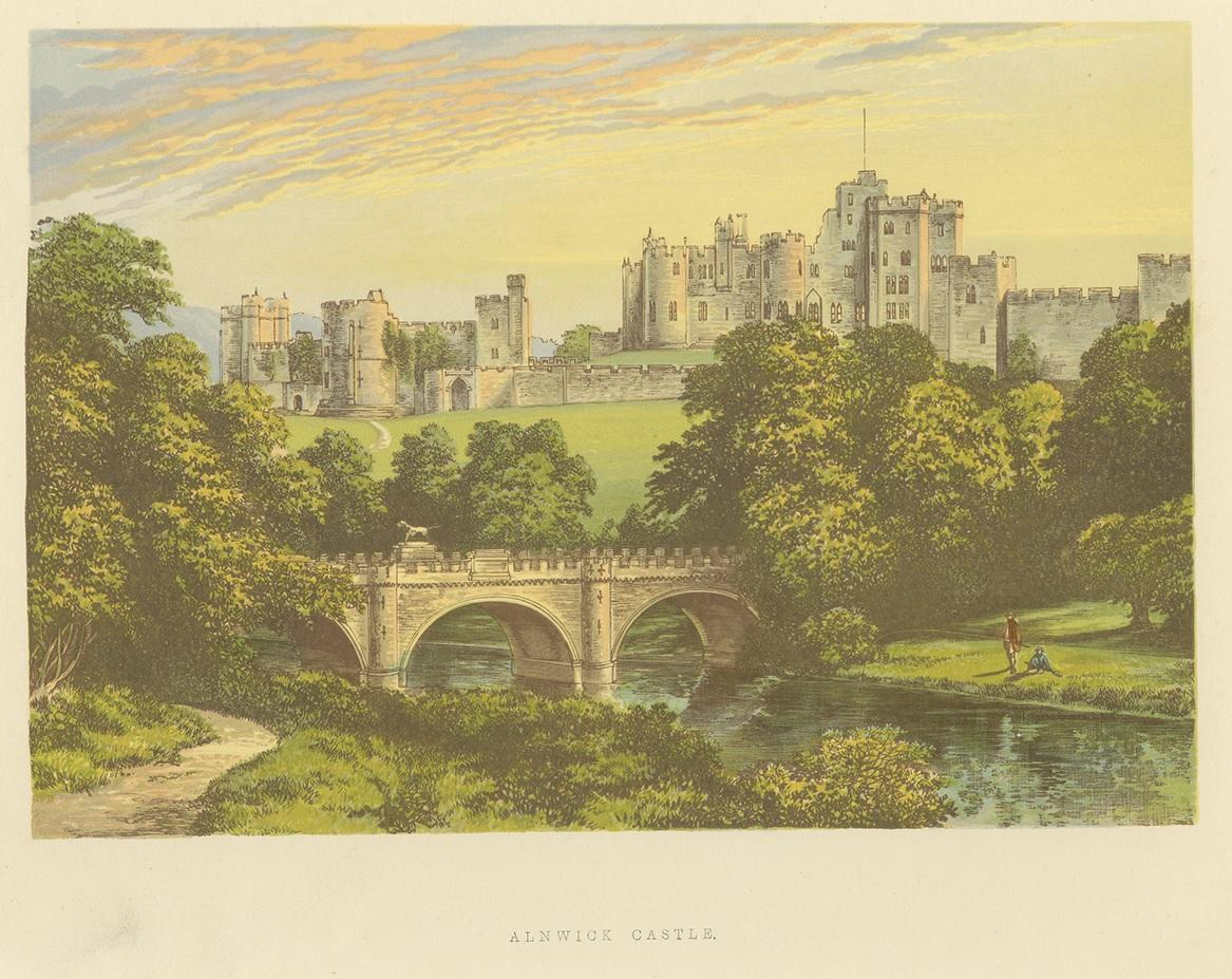 Antique print titled 'Alnwick Castle'. Color printed woodblock of Alnwick Castle, a castle and country house in Alnwick in the English county of Northumberland. This print originates from 'Picturesque Views of Seats of Noblemen and Gentlemen of