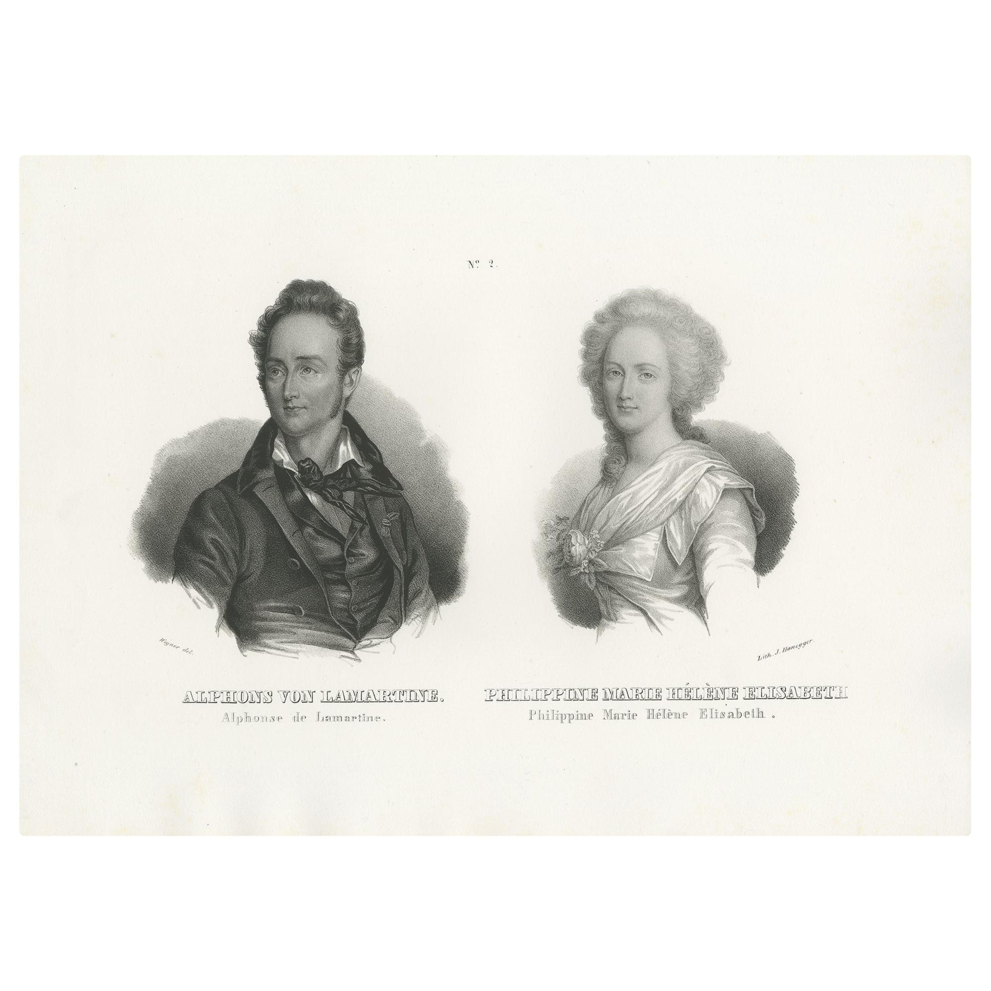 Antique Print of Alphonse de Lamartine and Élisabeth of France (1845) For Sale