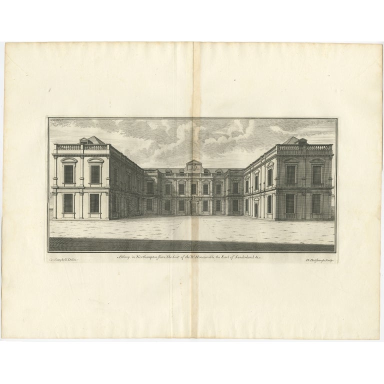 Antique print titled 'Althrop in Northamptonshire (..)'. 

Old engraving of Althorp, Northamptonshire. 

Althorp is a Grade I listed stately home and estate in the civil parish of Althorp, in West Northamptonshire, England of about 13,000 acres