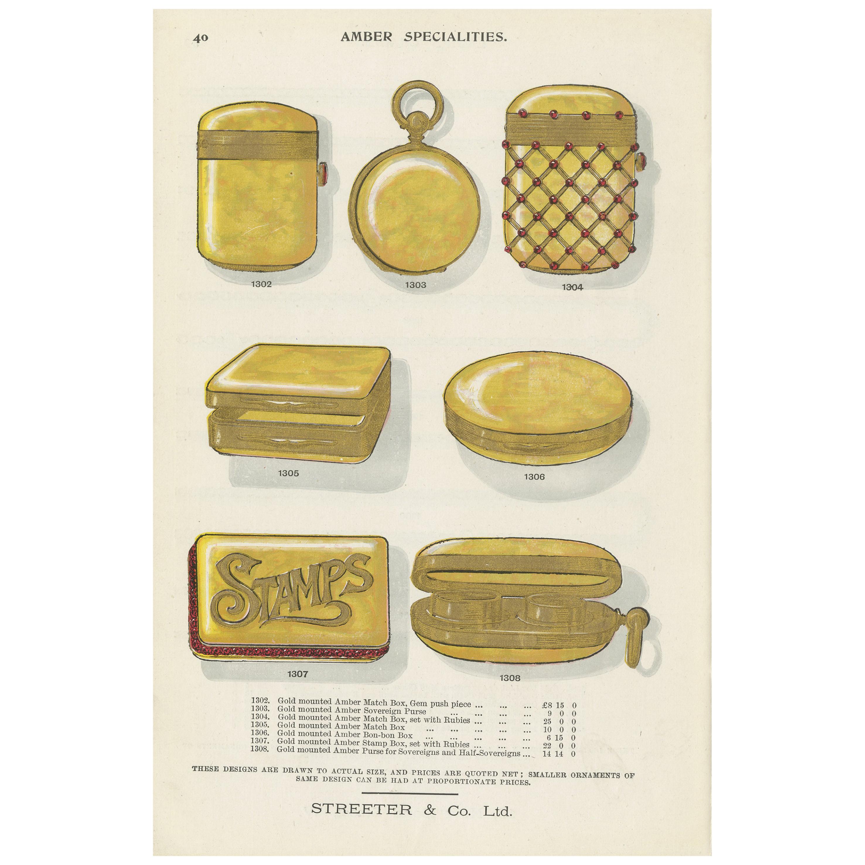 Estampa antigua de cajas y monederos de ámbar de Streeter, 1898