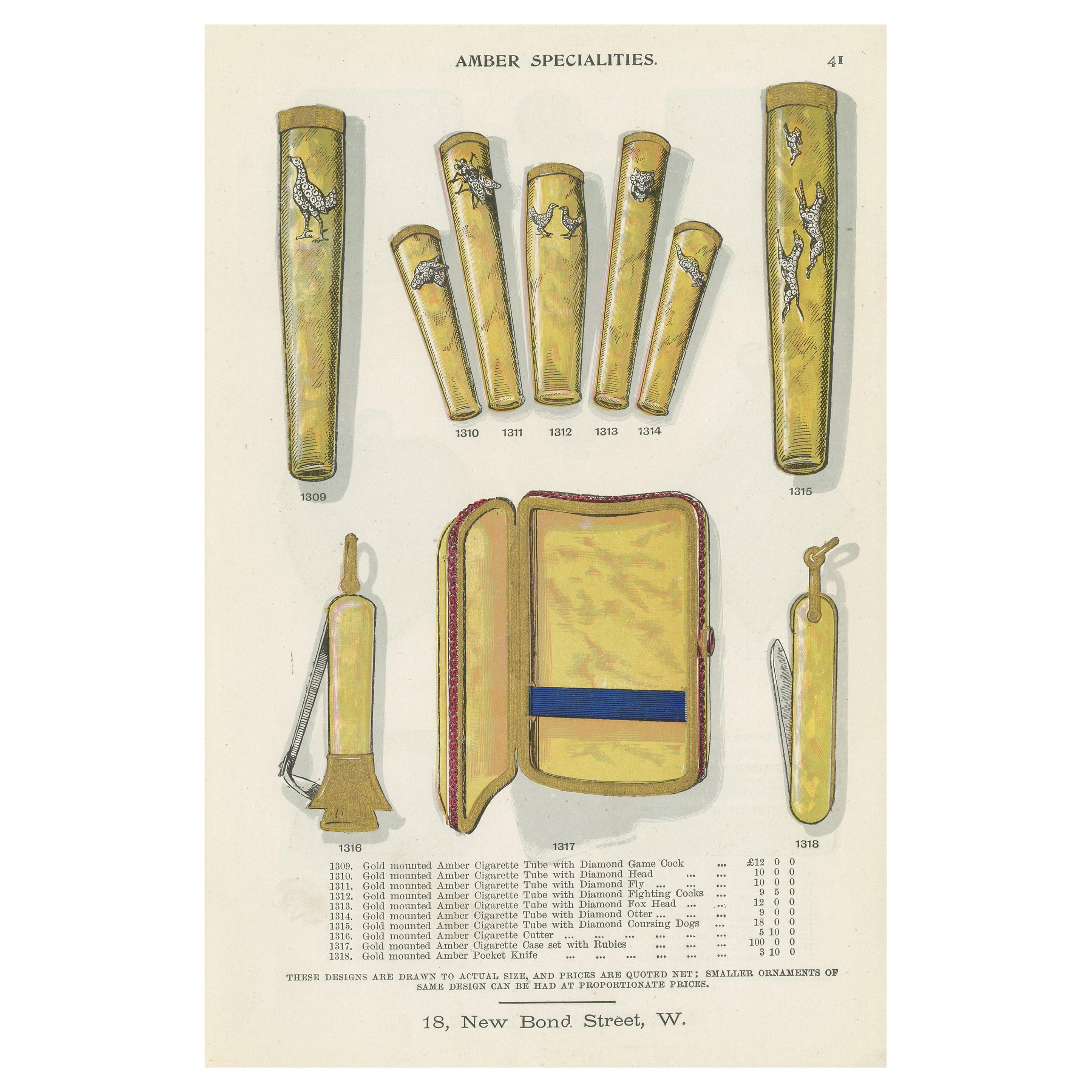Antique Print of Amber Specialties by Streeter, '1898' For Sale